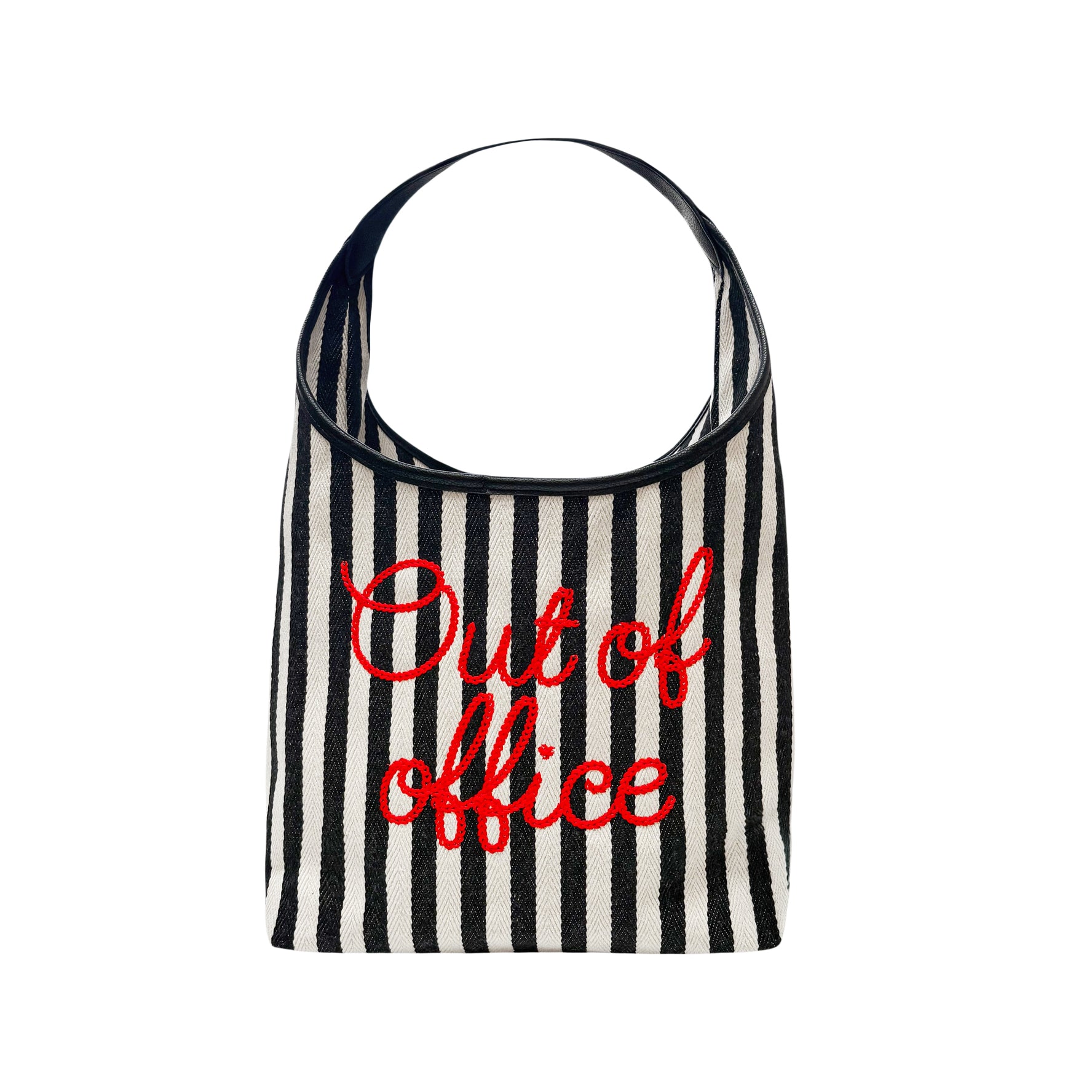 Lilly Loves Out Of Office Stripe Handbag with bold black and white stripes and top handle, stylish accessory for everyday use.