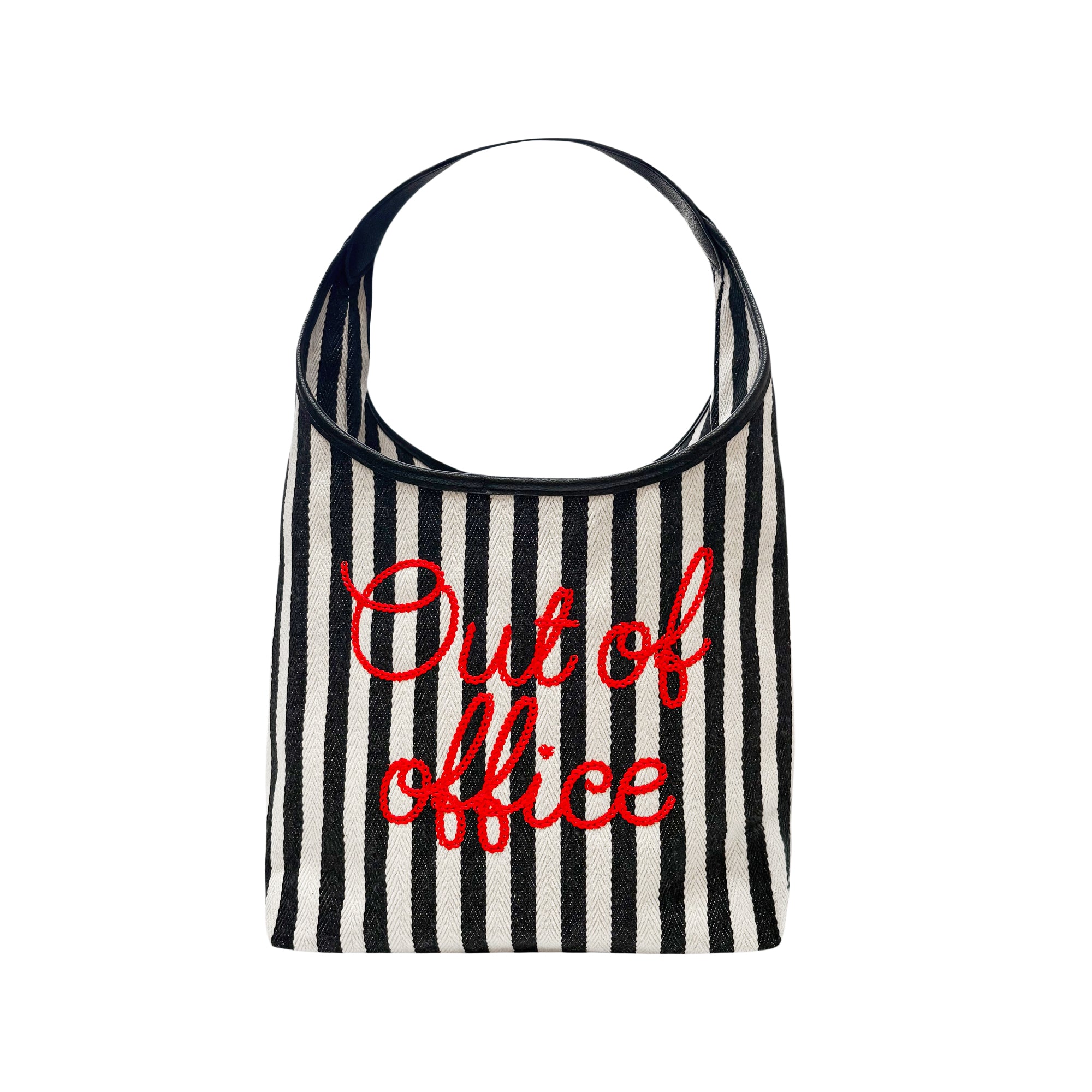 Lilly Loves Out Of Office Stripe Handbag with bold black and white stripes and top handle, stylish accessory for everyday use.