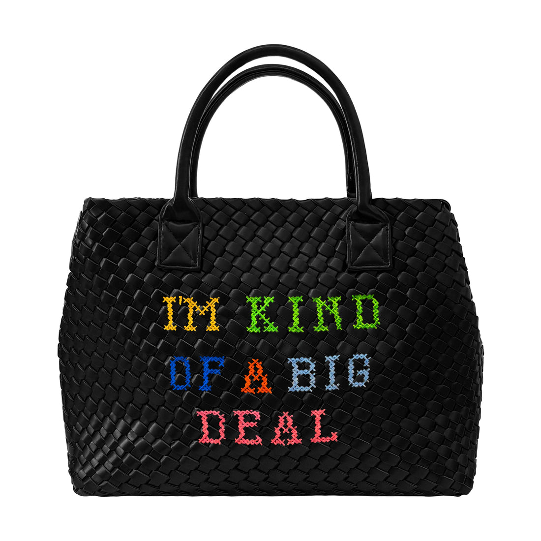 Lilly Loves I'm Kind Of A Big Deal handbag in black with bold white lettering, stylish accessory with top handle and gold accents.