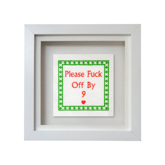 Colorful embroidered artwork by Lillyloves featuring the phrase "Please Fuck Off" in bold lettering.
