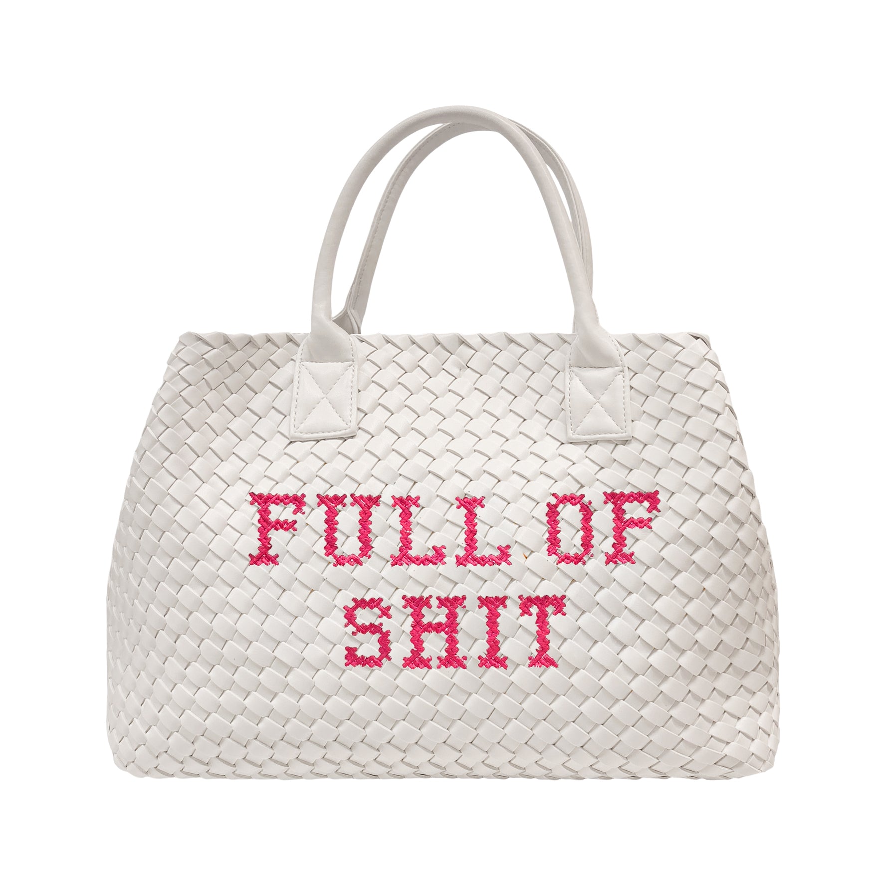 White vegan woven handbag with pink accents by Lilly Loves, featuring a stylish handwoven design and spacious interior.