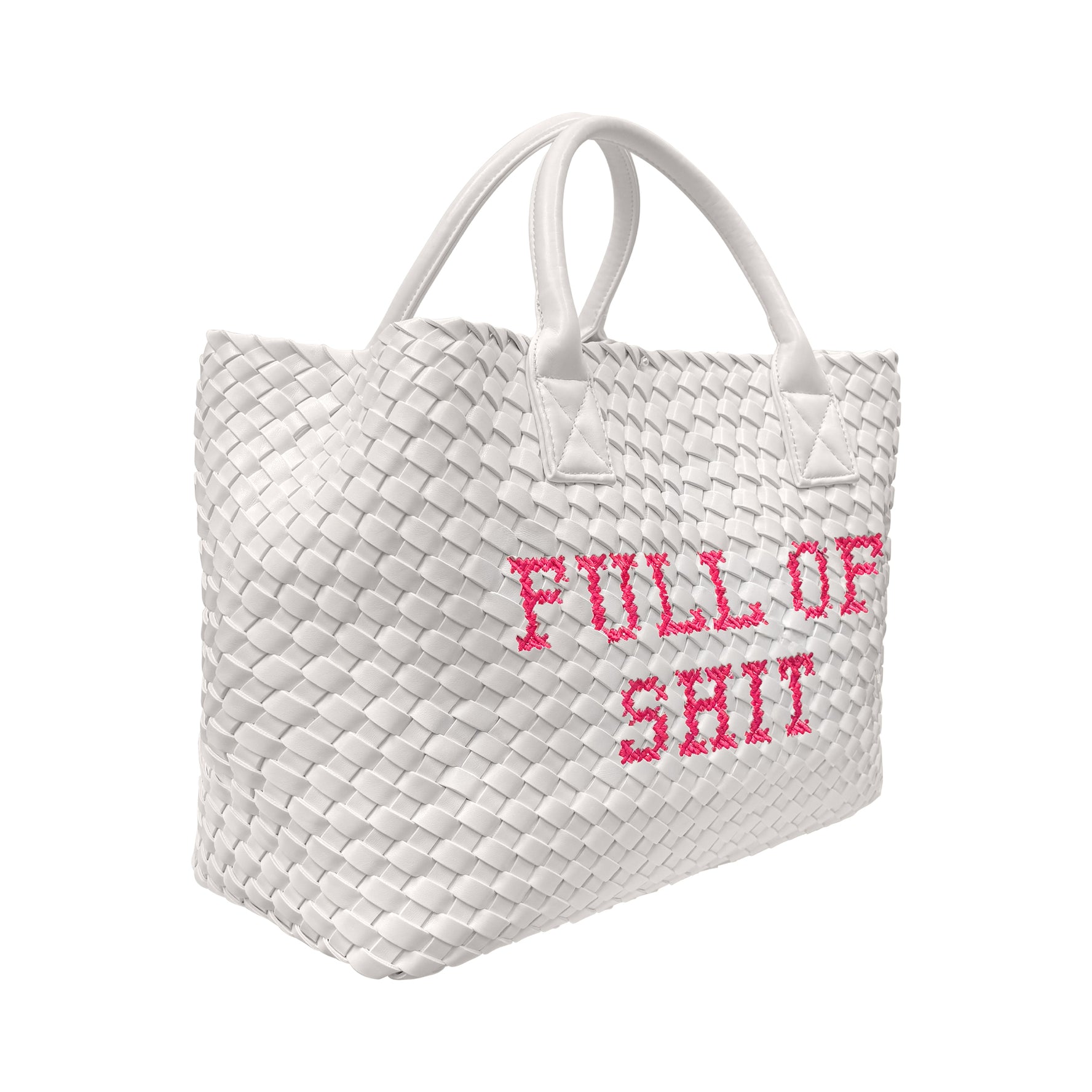 White vegan woven handbag with pink accents by Lilly Loves, featuring a stylish and spacious design for everyday use.