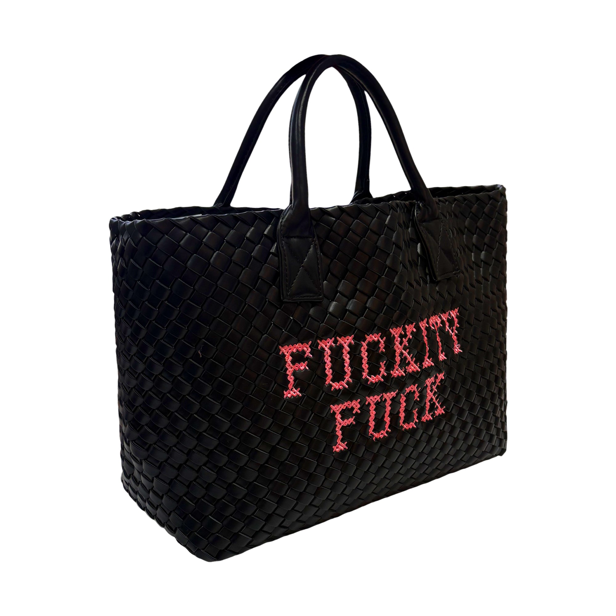 Lilly Loves Fuckity Fuck embroidered handbag with colorful design, featuring a stylish leather strap and unique artistic detail.