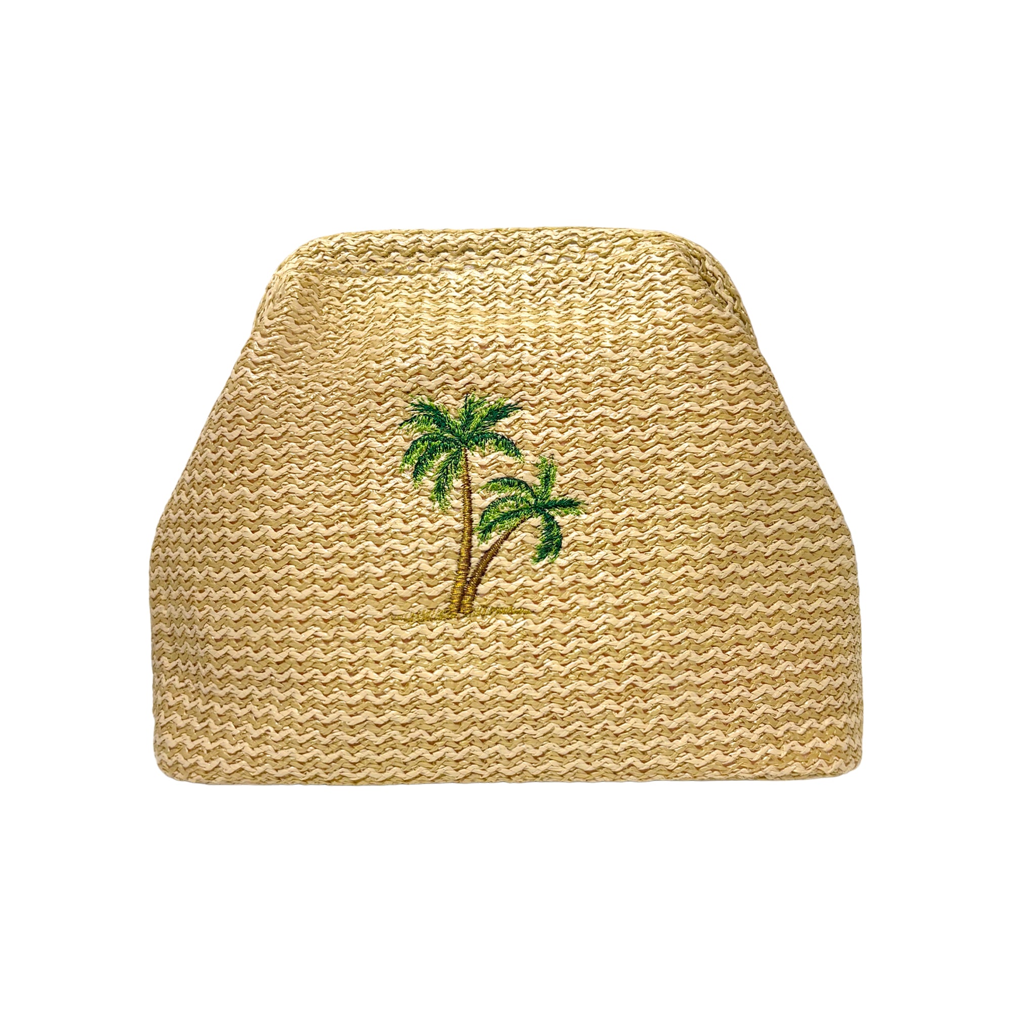 Lilly Loves Palm Tree Straw Clutch pouch with tropical palm leaf design and woven straw texture, ideal for summer accessories.