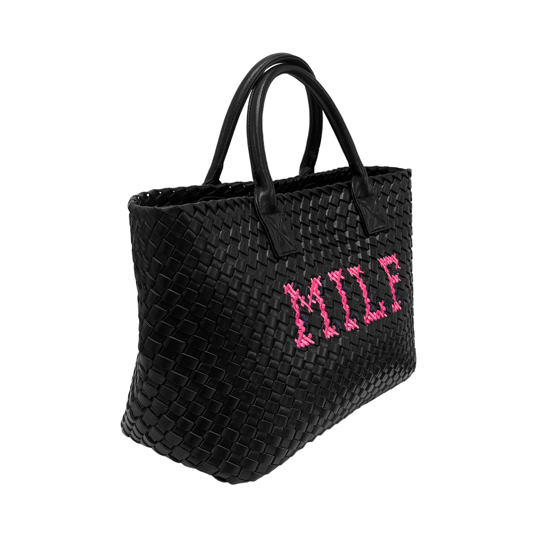Lilly Loves MILF vegan handbag, stylish black leather-look tote with shoulder straps and spacious interior.