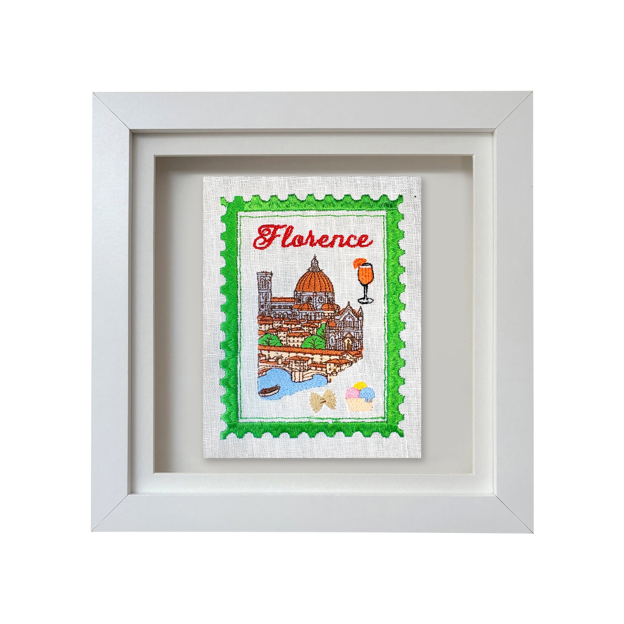 Florence embroidered stamp artwork by Lillyloves, featuring detailed floral embroidery on textured fabric background.