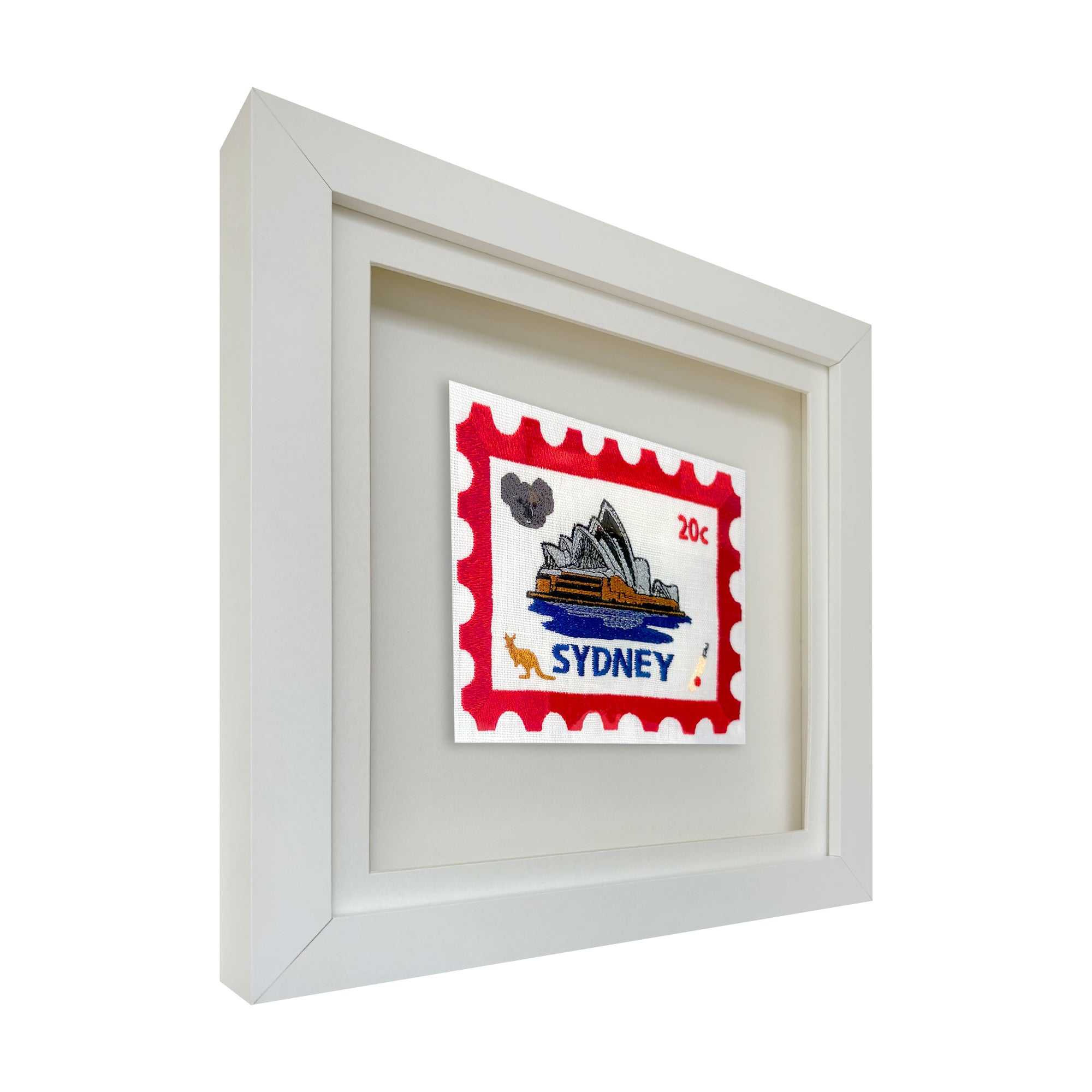 Sydney embroidered postcard artwork by Lillyloves featuring detailed embroidery of Australia's iconic cityscape and landmarks.