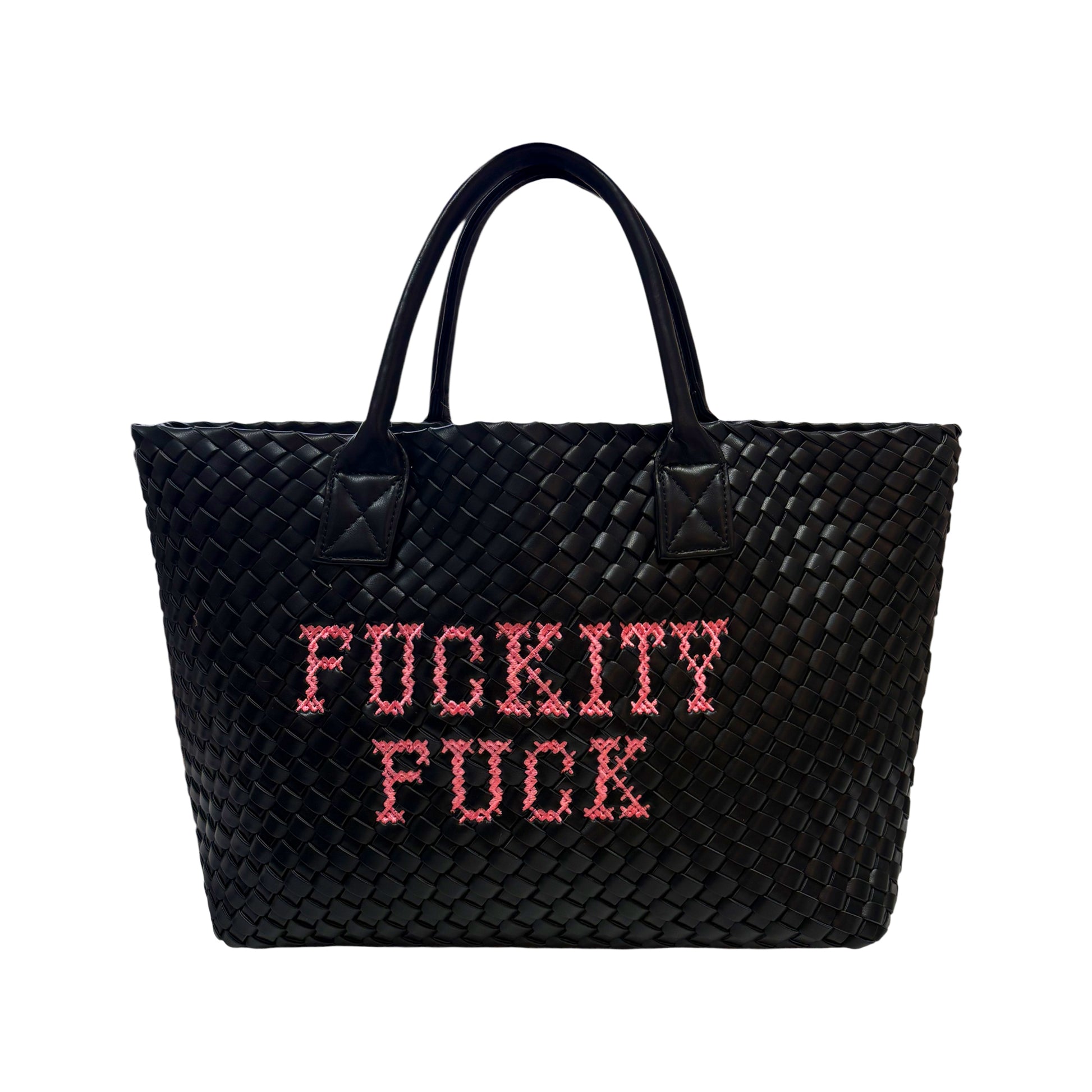 Lilly Loves Fuckity Fuck embroidered handbag featuring bold text and stylish design, with leather strap and intricate embroidery.