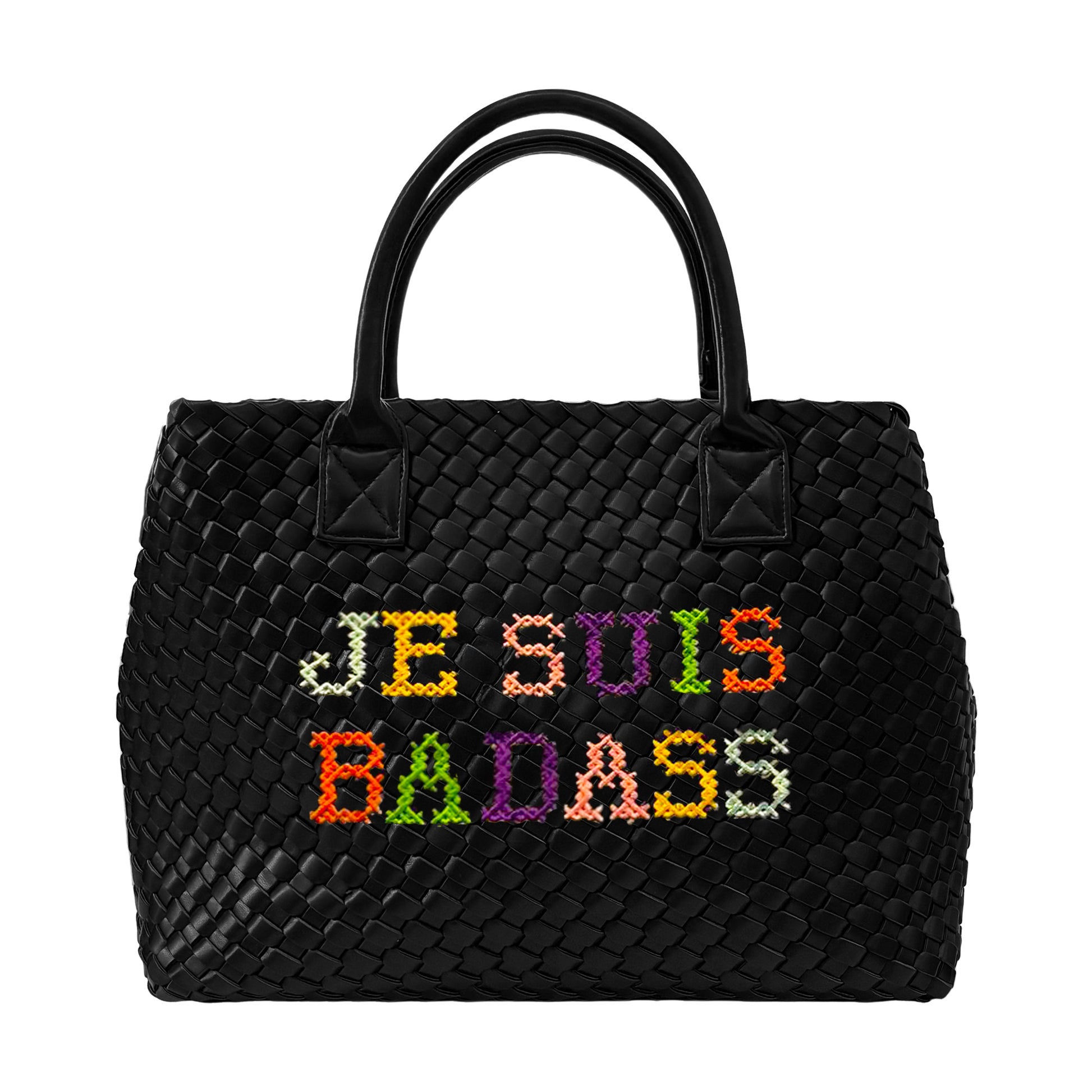 Lilly Loves Je Suis Badass Vegan embroidered handbag with bold text design and sturdy handles on a plain background.