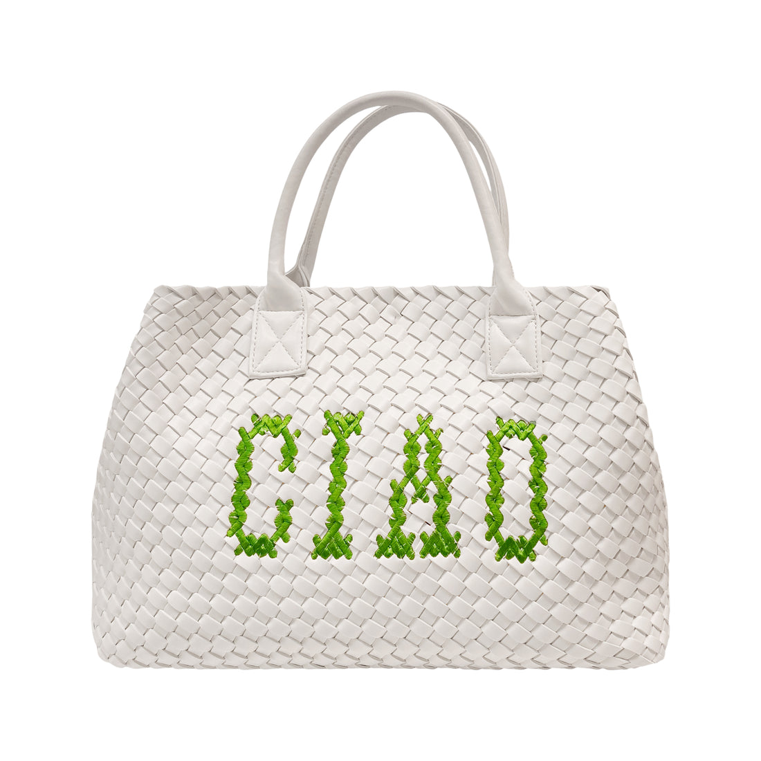 Lilly Loves Green Ciao vegan handbag with white accents, showcasing a sleek design and durable handles for daily wear.