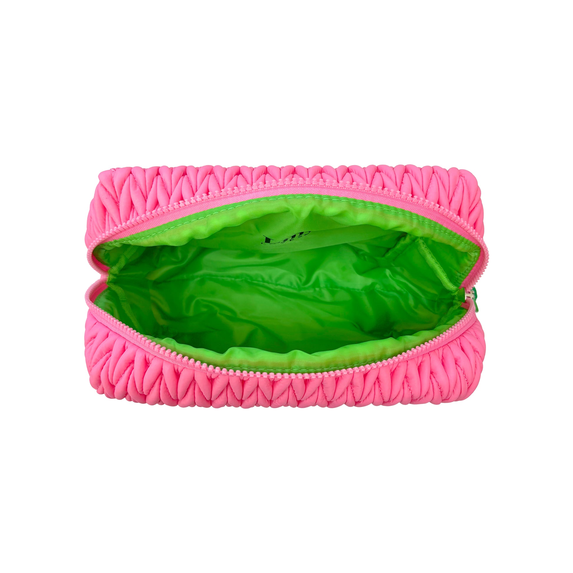 Pink squishy makeup bag by Lillyloves, soft wash bag with zipper closure, perfect for storing cosmetics and accessories.