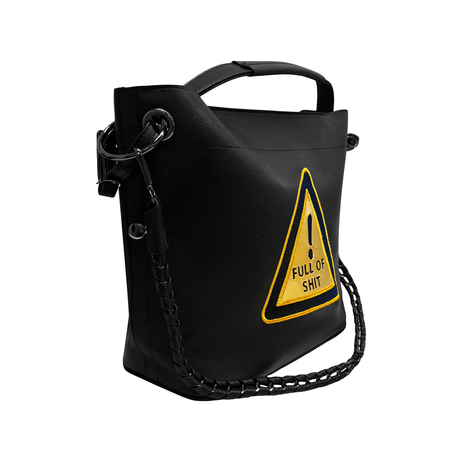 Lilly Loves Warning Full Of Shit shoulder handbag with graphic print, featuring a black strap and bold design.