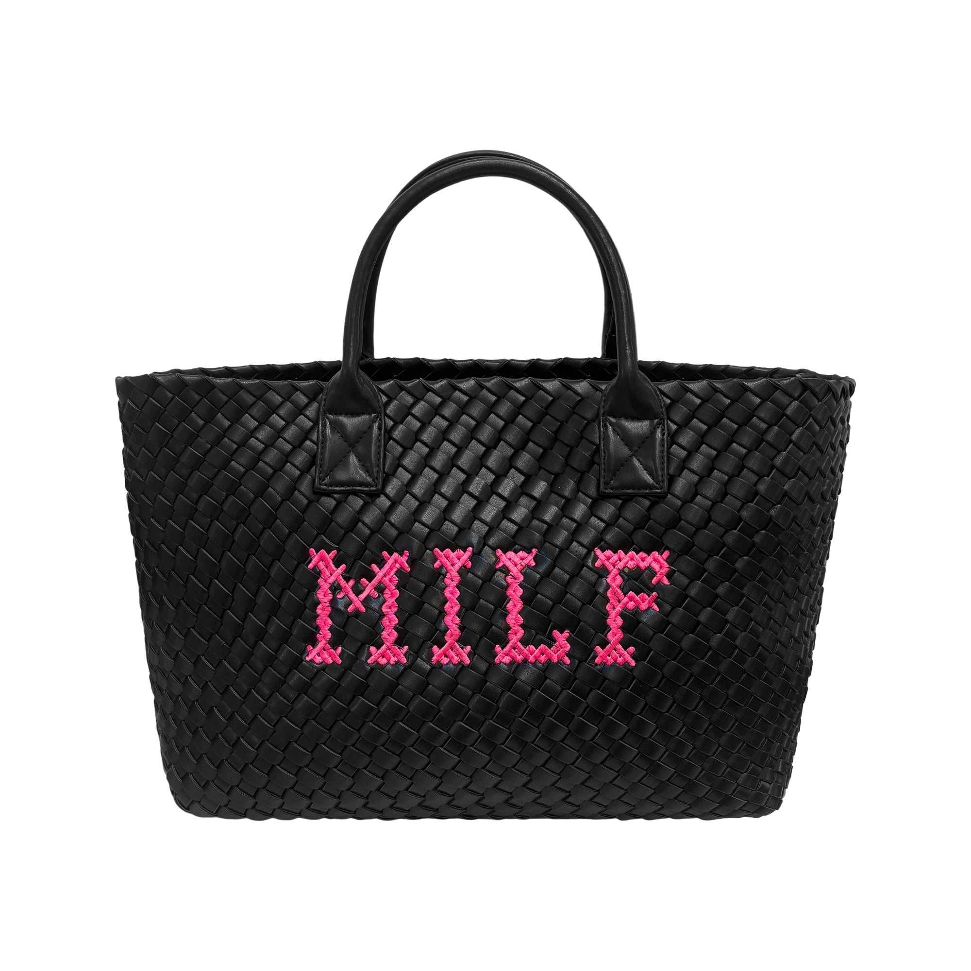 Lilly Loves MILF vegan handbag with sleek design and top handle, made from eco-friendly vegan leather, shown in black.
