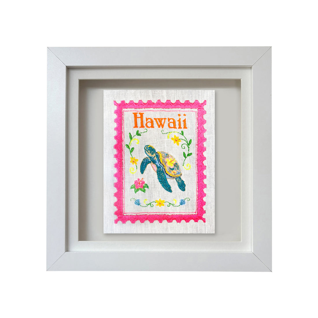 Colorful Hawaii embroidered stamp artwork by Lillyloves featuring vibrant island-themed embroidery on fabric.
