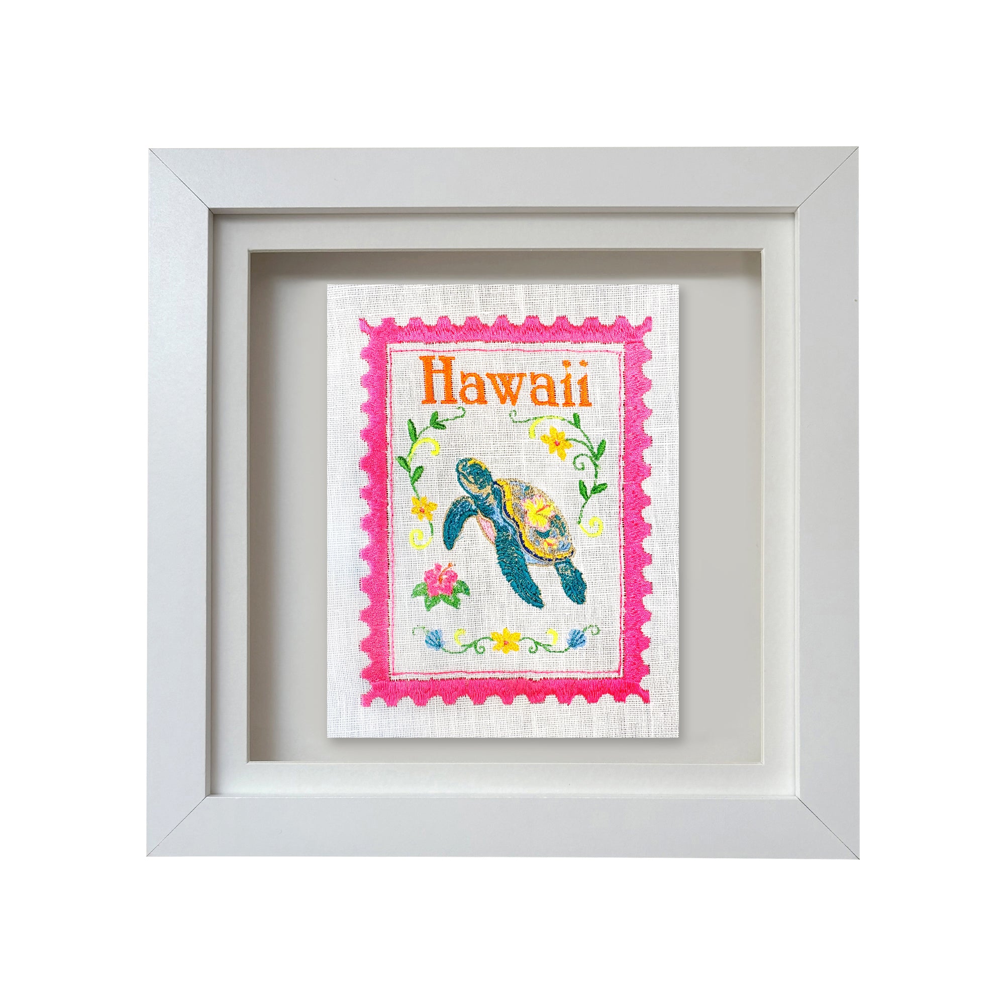 Colorful Hawaii embroidered stamp artwork by Lillyloves featuring vibrant island-themed embroidery on fabric.