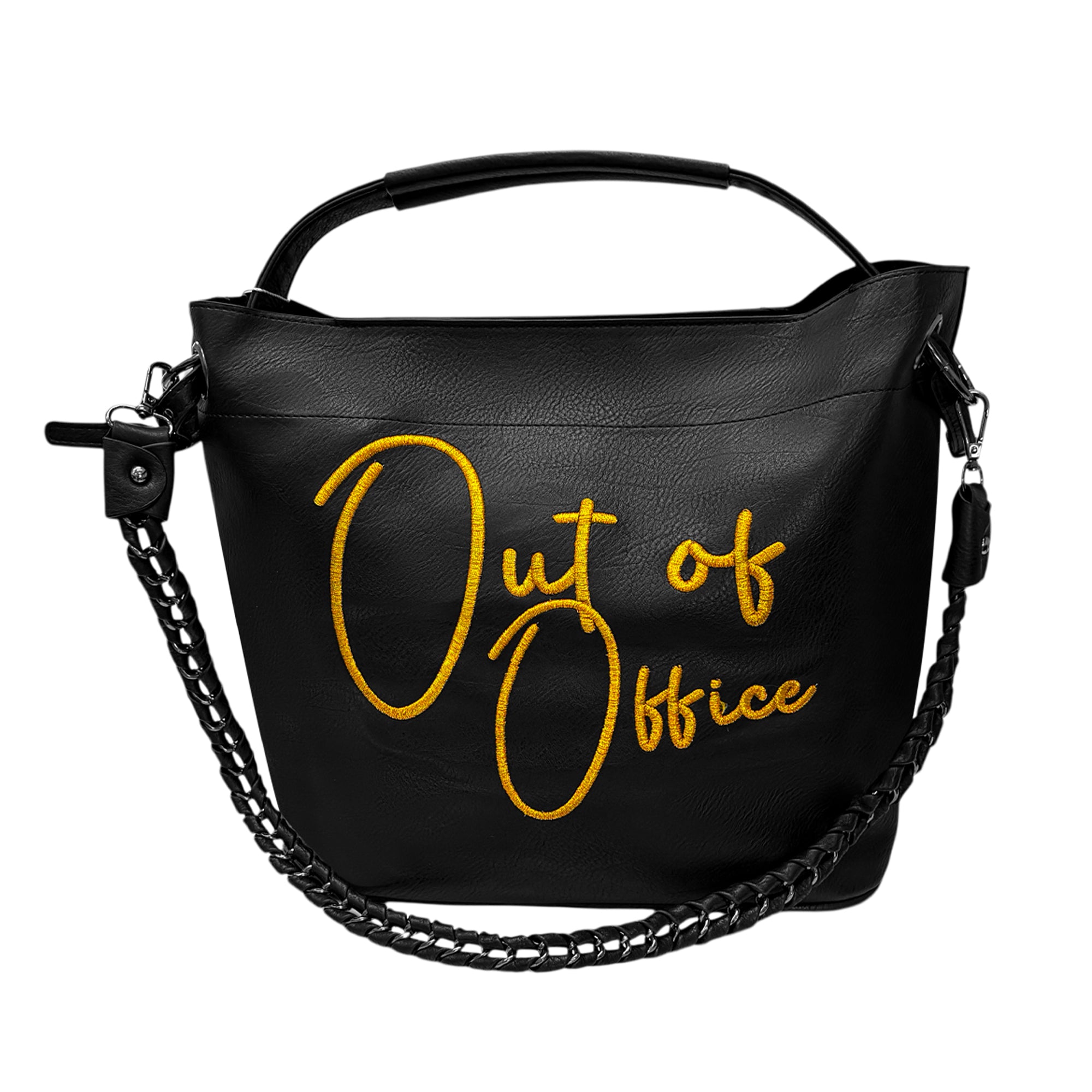 Lilly Loves Out Of Office handbag, stylish designer handbag with sleek black leather and gold accents, front view.