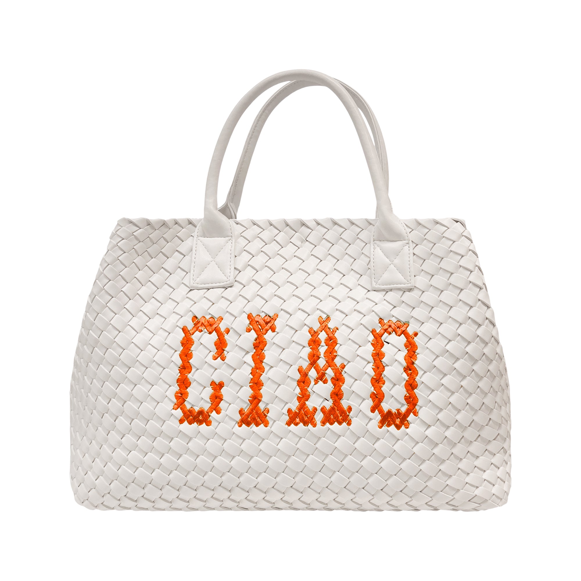 Orange Ciao White vegan handbag by Lilly Loves with sleek design and sturdy handles, perfect for daily use.