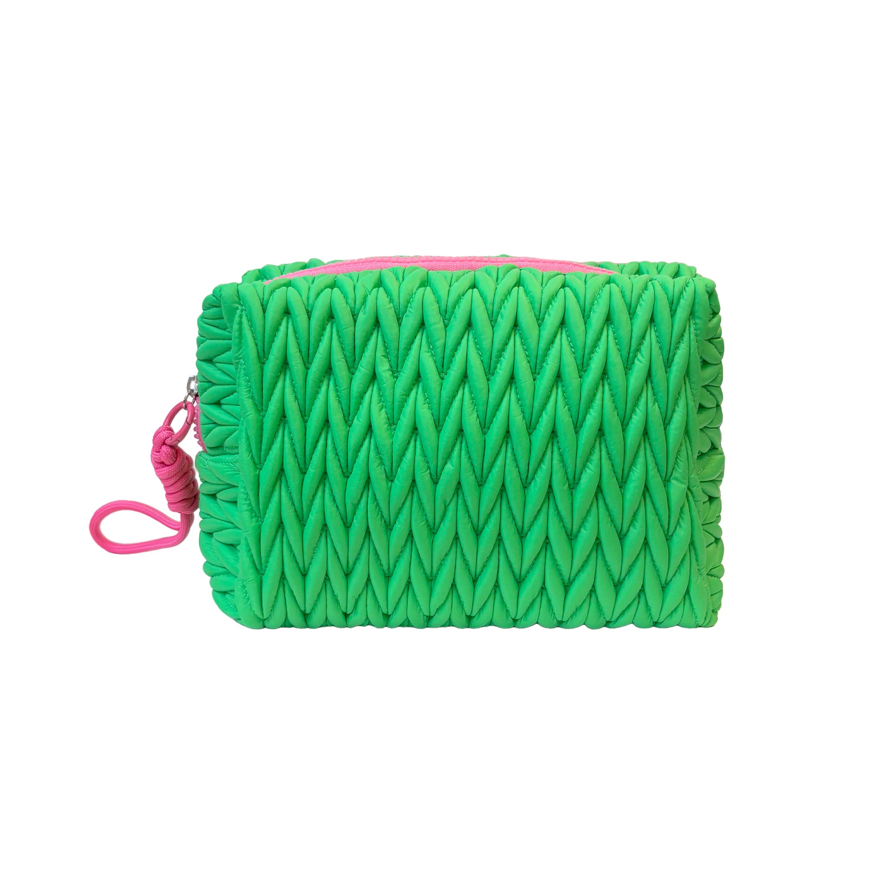 Green squishy makeup bag by Lillyloves, soft and flexible wash bag with zipper closure, ideal for storing cosmetics and accessories.