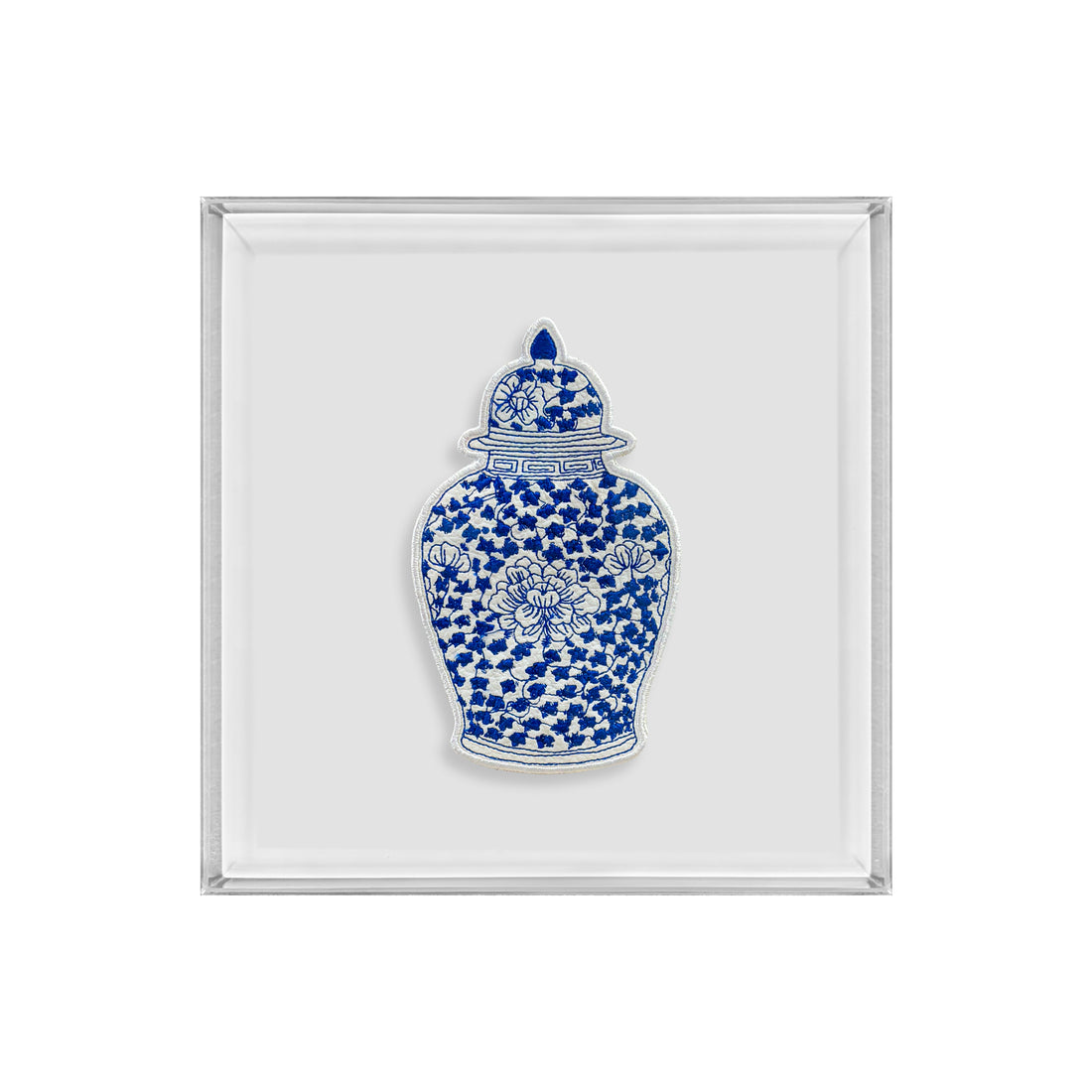 A square framed art print featuring a blue and white porcelain ginger jar illustration on a light gray background.