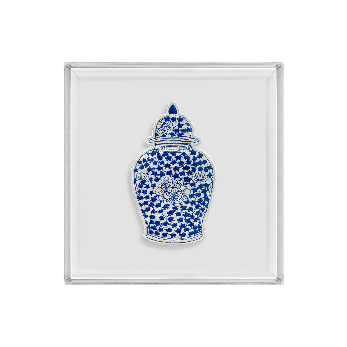 A square framed art print featuring a blue and white porcelain ginger jar illustration on a light gray background.