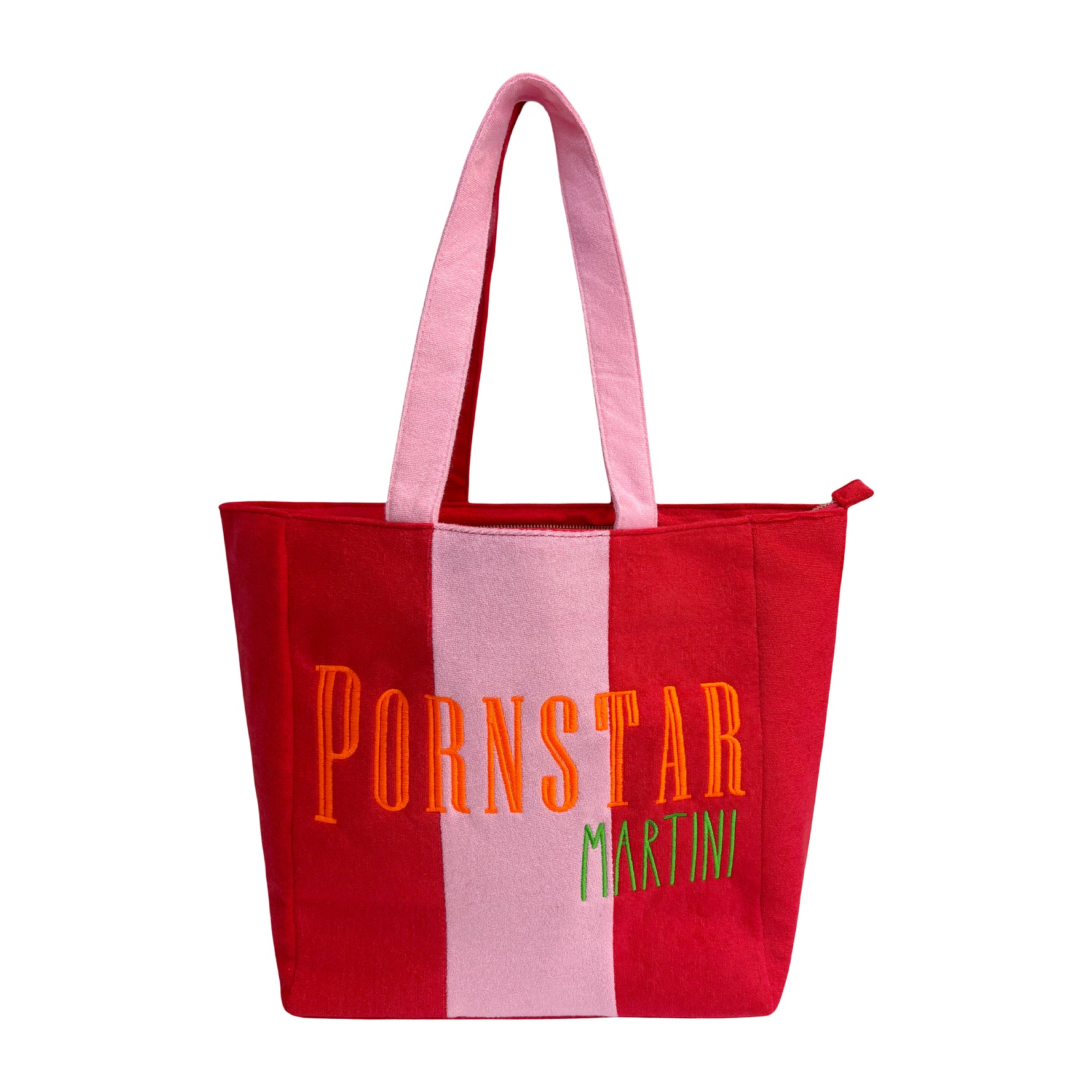 Lilly Loves Pornstar Martini Terry Beach Bag handbag with colorful tropical print, casual style, and sturdy handles.