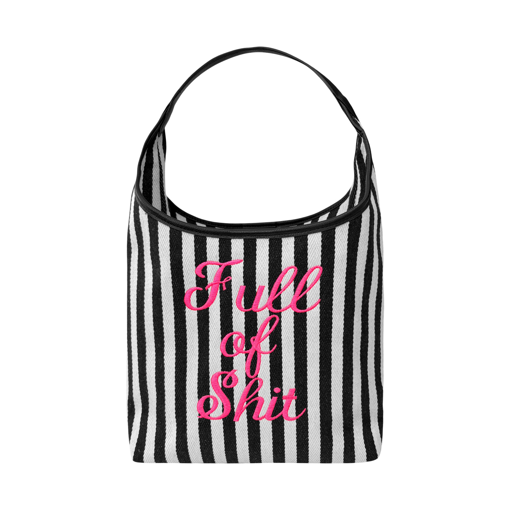 Neon pink Lilly Loves handbag labeled "Full Of Shit" with a bold, playful design and sturdy handle, perfect for casual style.