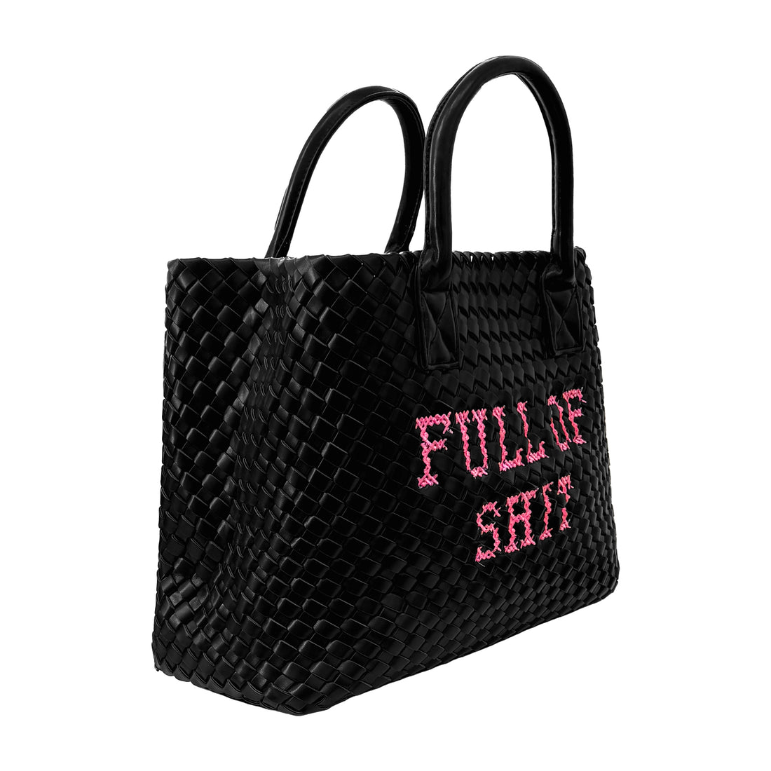 Vegan pink woven handbag by Lilly Loves with a playful "FULL OF SHIT" design, featuring a stylish hand-crafted appearance.