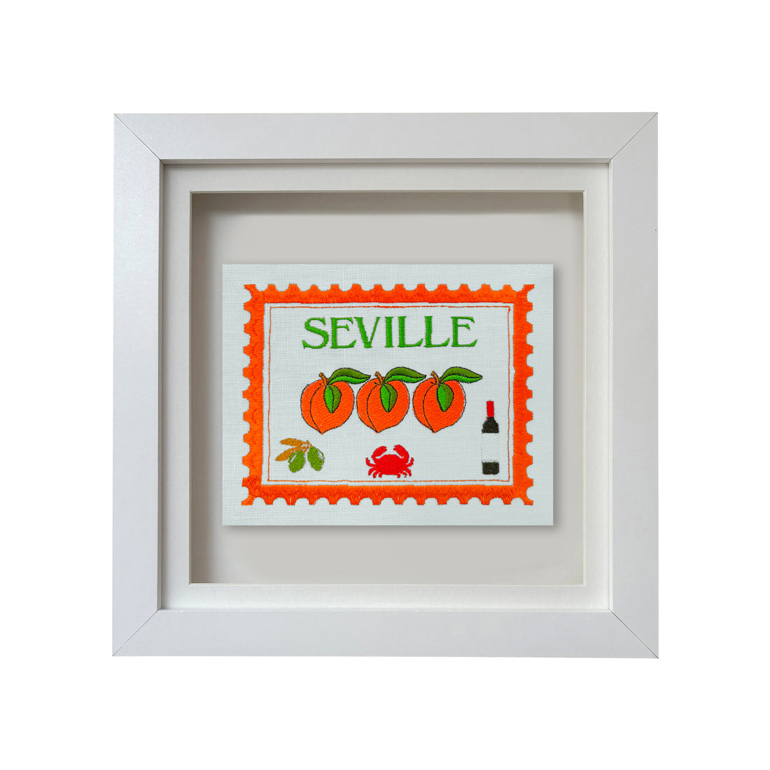 Seville embroidered stamp artwork by Lillyloves featuring intricate embroidery and vibrant colors on textured fabric background