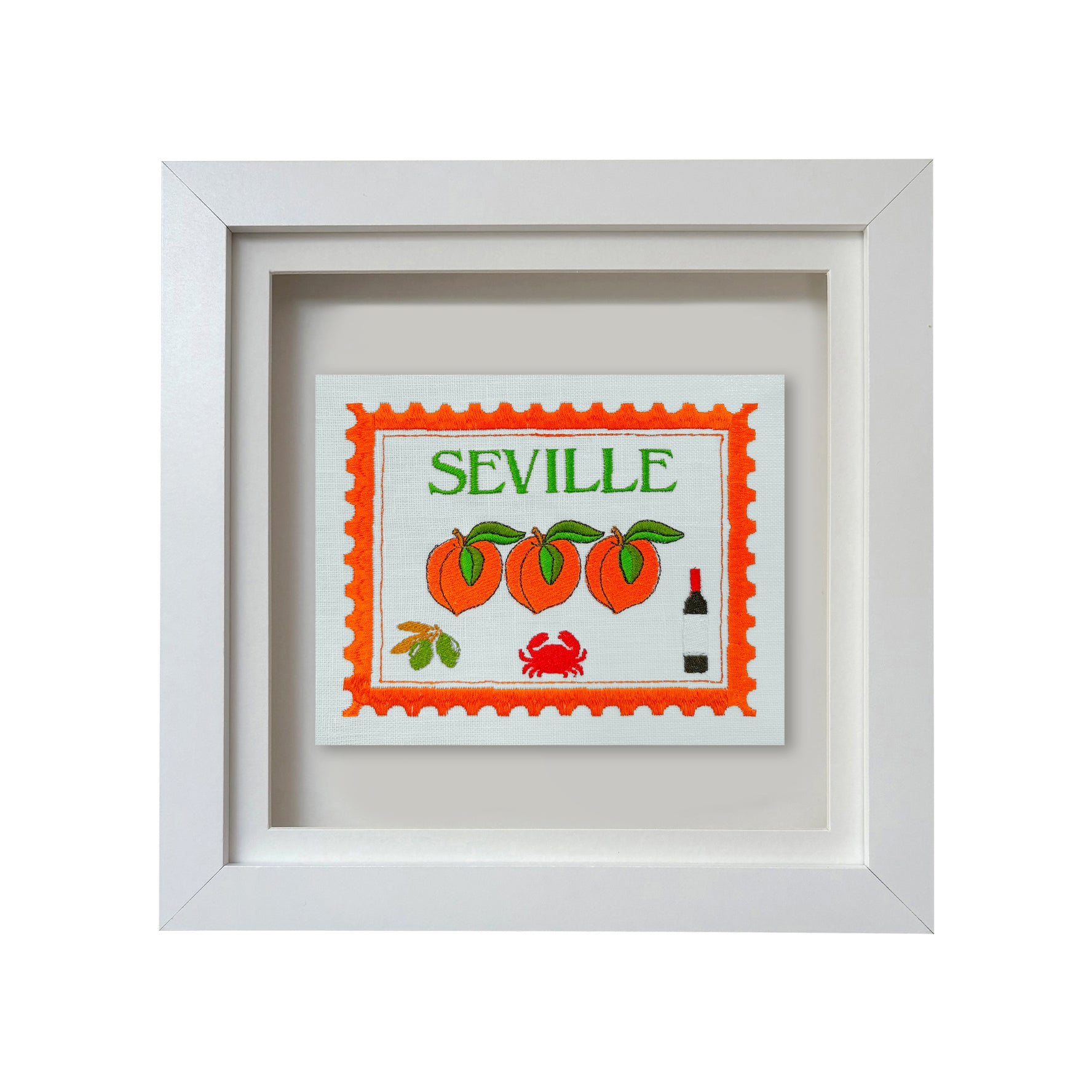 Seville embroidered stamp artwork by Lillyloves featuring intricate embroidery and vibrant colors on textured fabric background