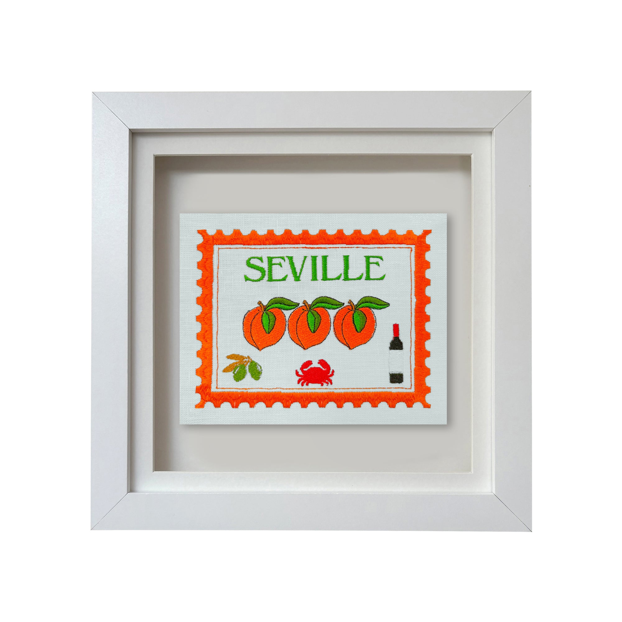 Seville embroidered stamp artwork by Lillyloves featuring intricate embroidery and vibrant colors on textured fabric background