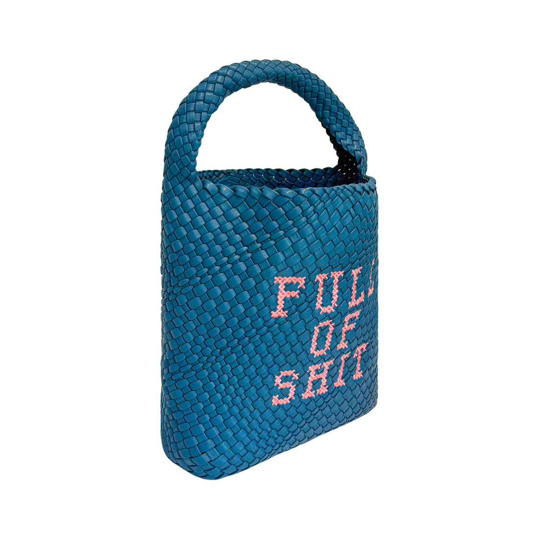 Lilly Loves woven teal shoulder handbag with top handle and adjustable strap, featuring a textured woven design and silver hardware.