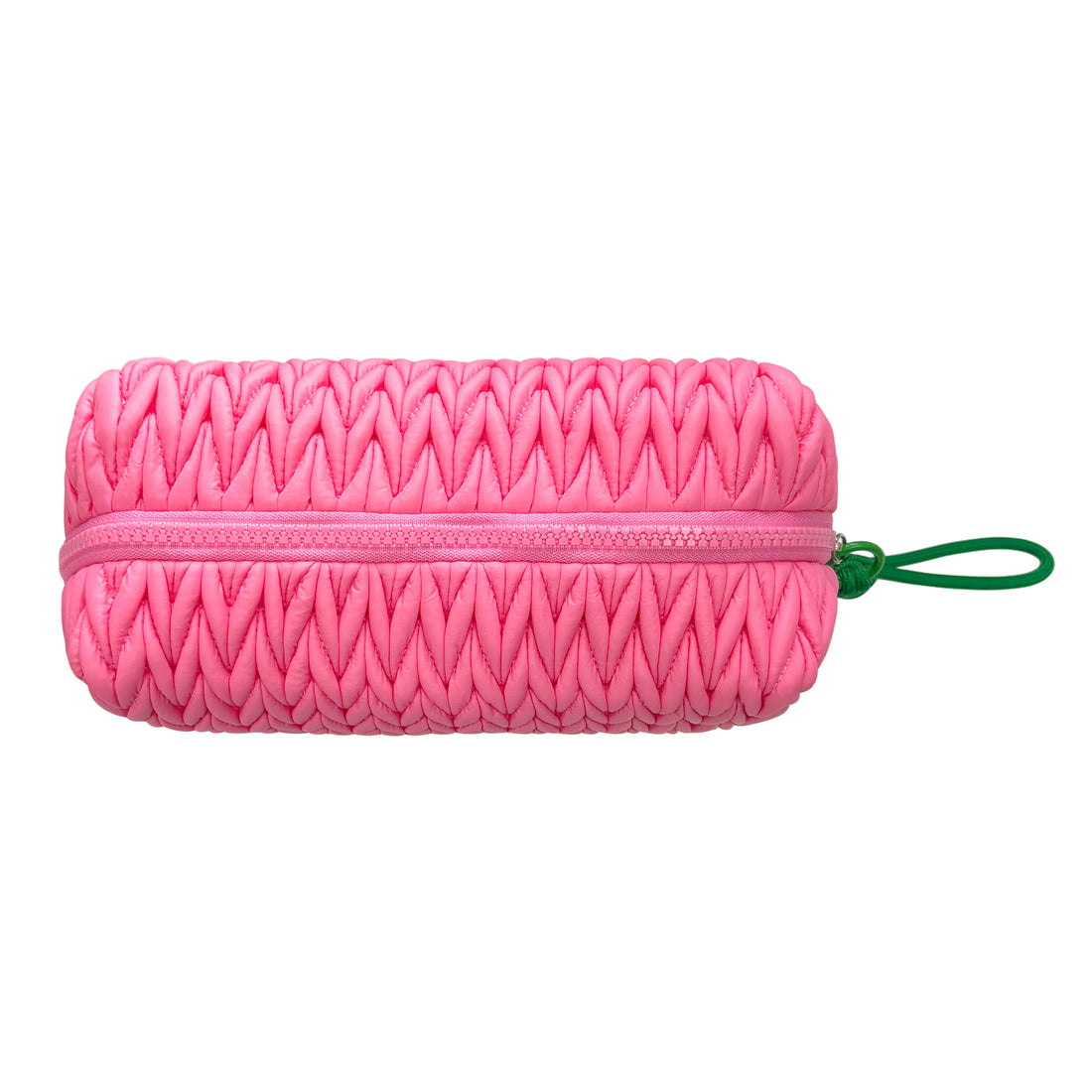 Pink Lillyloves squishy makeup bag with soft fabric exterior, designed for storing cosmetics and toiletries.