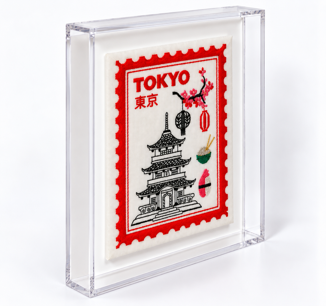 Tokyo Inspired Embroidered Postage Stamp