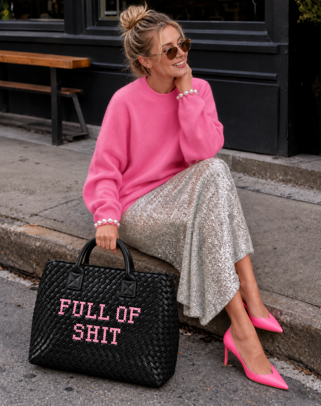 Vegan Pink FULL OF SHIT woven Handbag