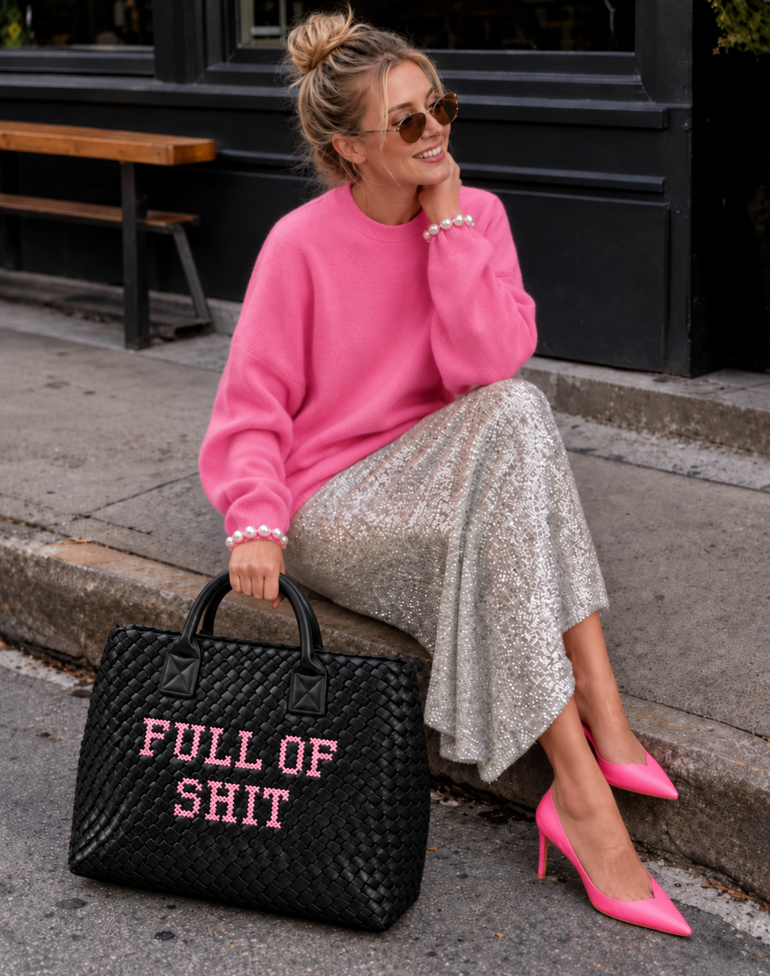 Vegan Pink FULL OF SHIT woven Handbag