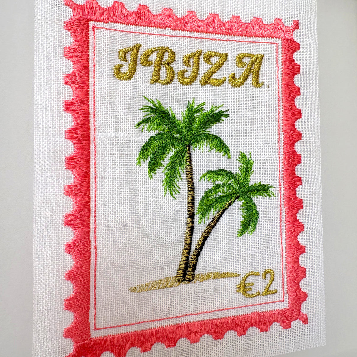 Ibiza inspired stamp artwork by Lillyloves, featuring colorful, tropical-themed design on textured paper.