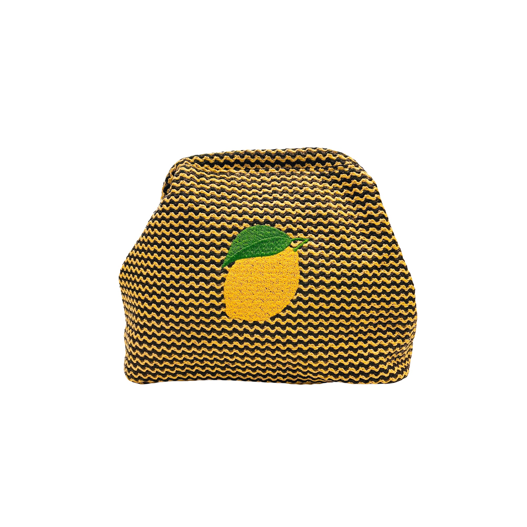 Lemon Straw Clutch pouch by Lilly Loves featuring a bright yellow lemon design and straw texture for a stylish accessory.