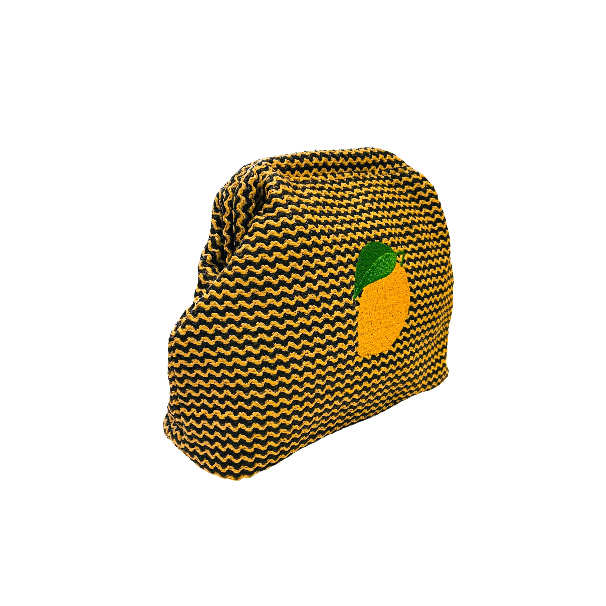 Lemon straw clutch pouch by Lilly Loves, showing side view with bright yellow lemon pattern and straw texture.