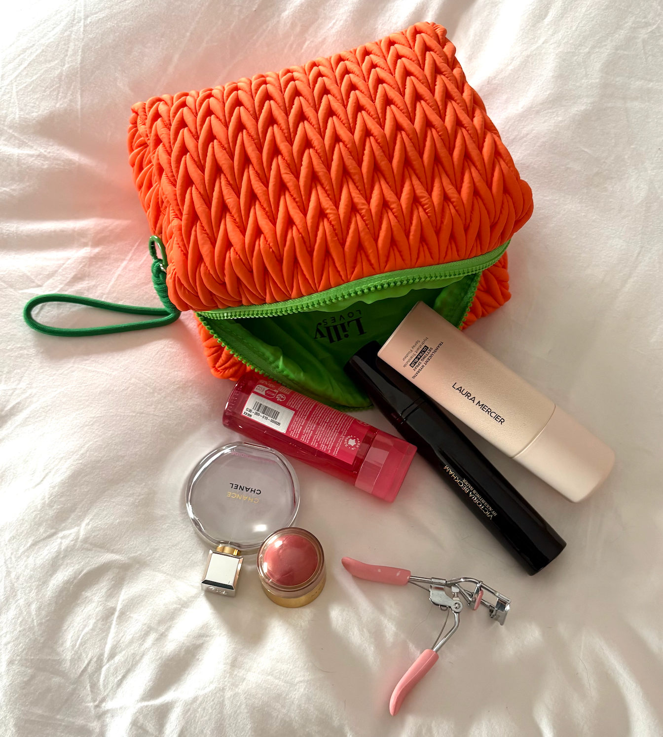 Lillyloves squishy orange makeup bag, soft wash bag with fun orange design, perfect for storing cosmetics and toiletries.