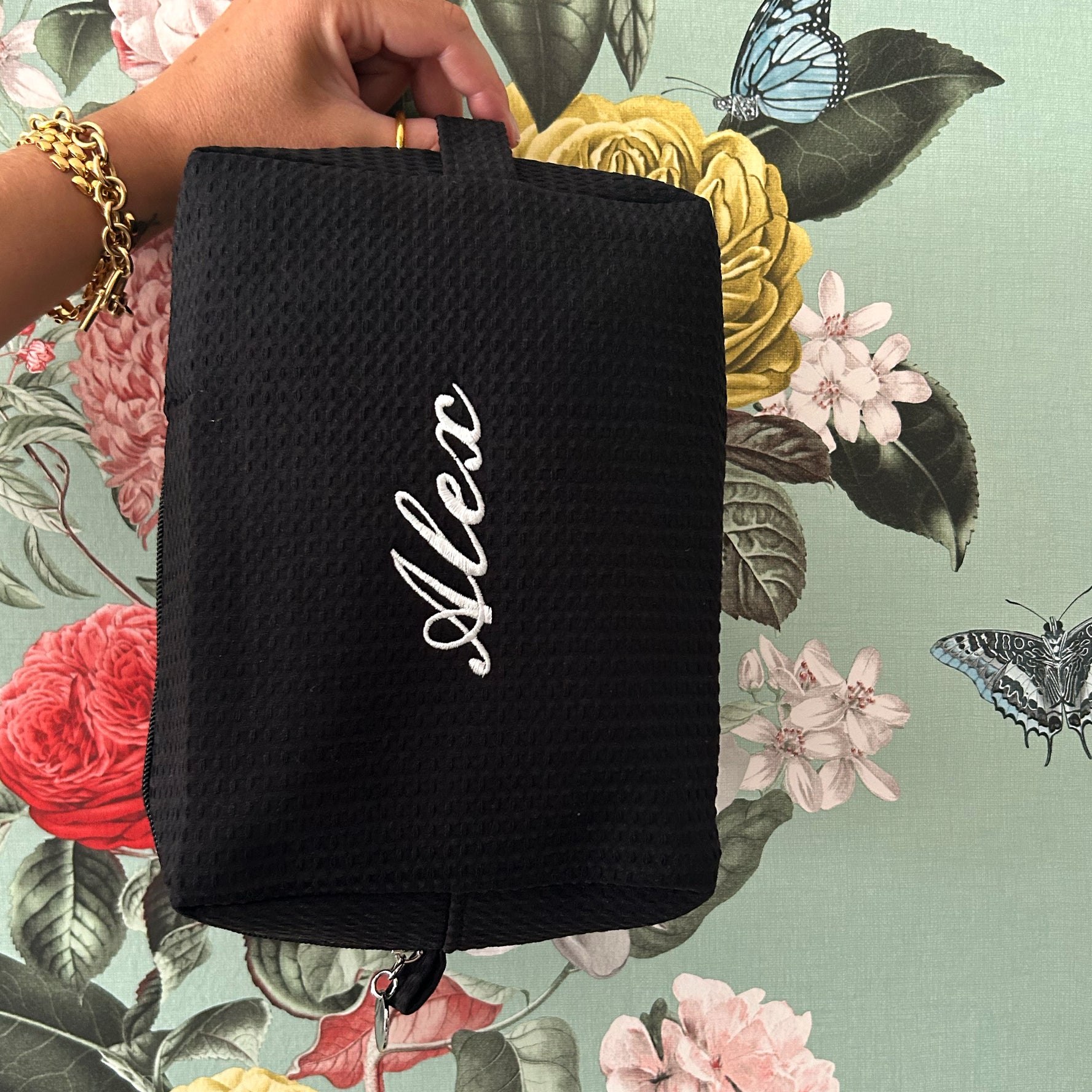 Black Monogramed Waffle make up bag