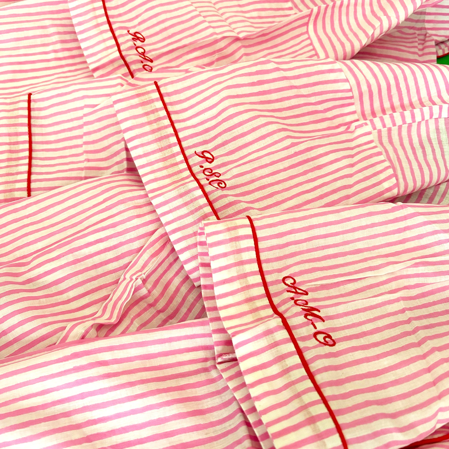 Pink Stripe Embroidered Cotton Stripe Stripe Pyjamas