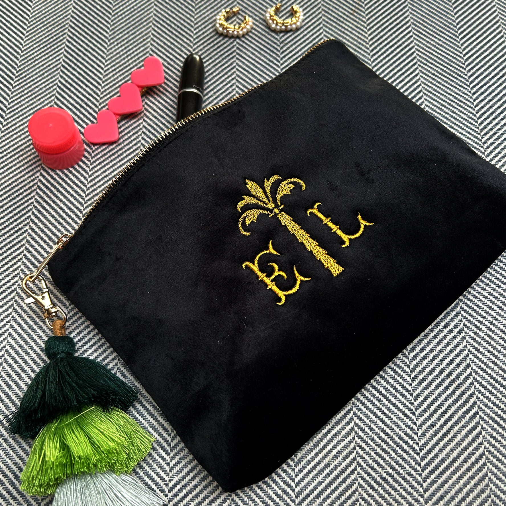 Velvet Monogram Palm Tree Pouch