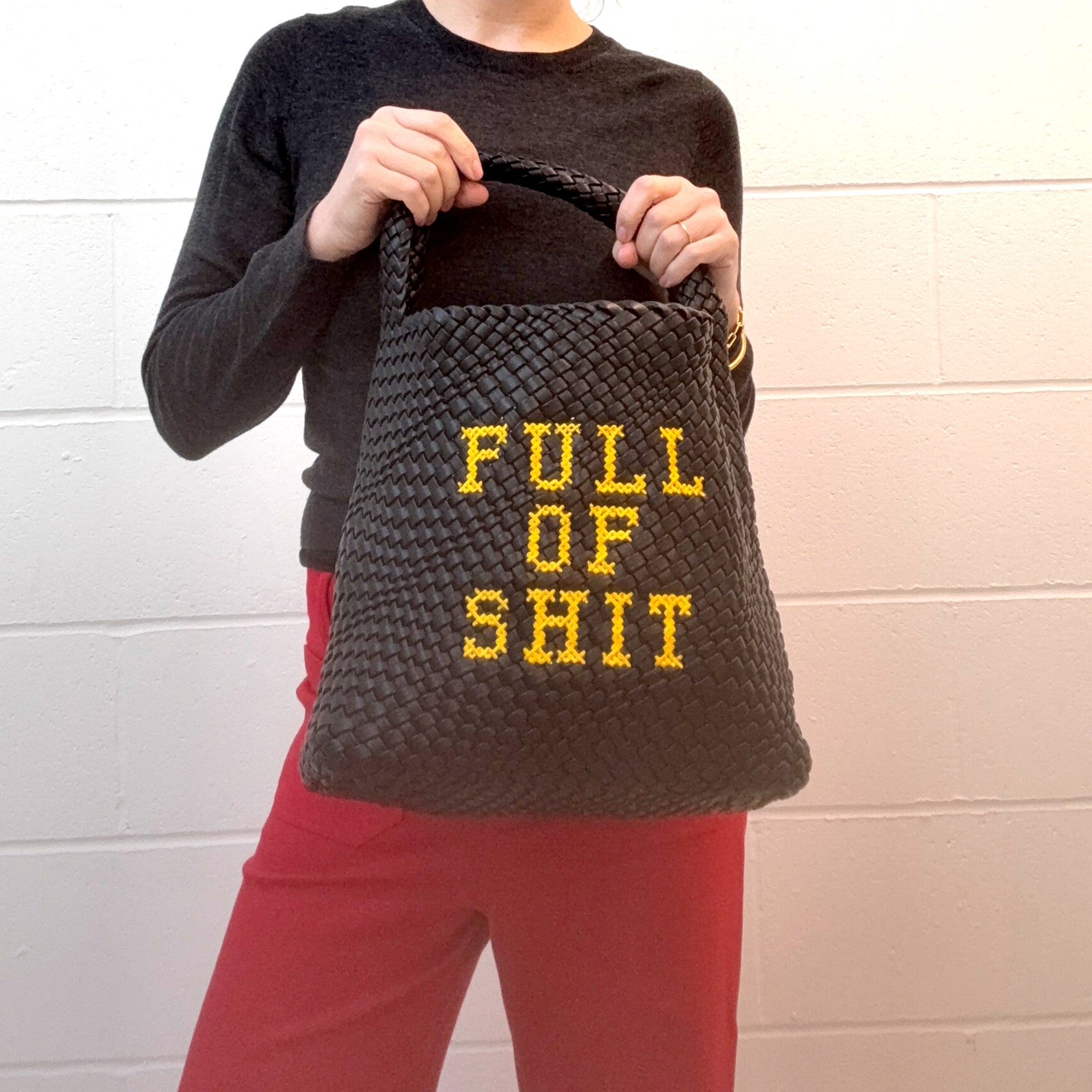 Black Embroidered Bucket Bag