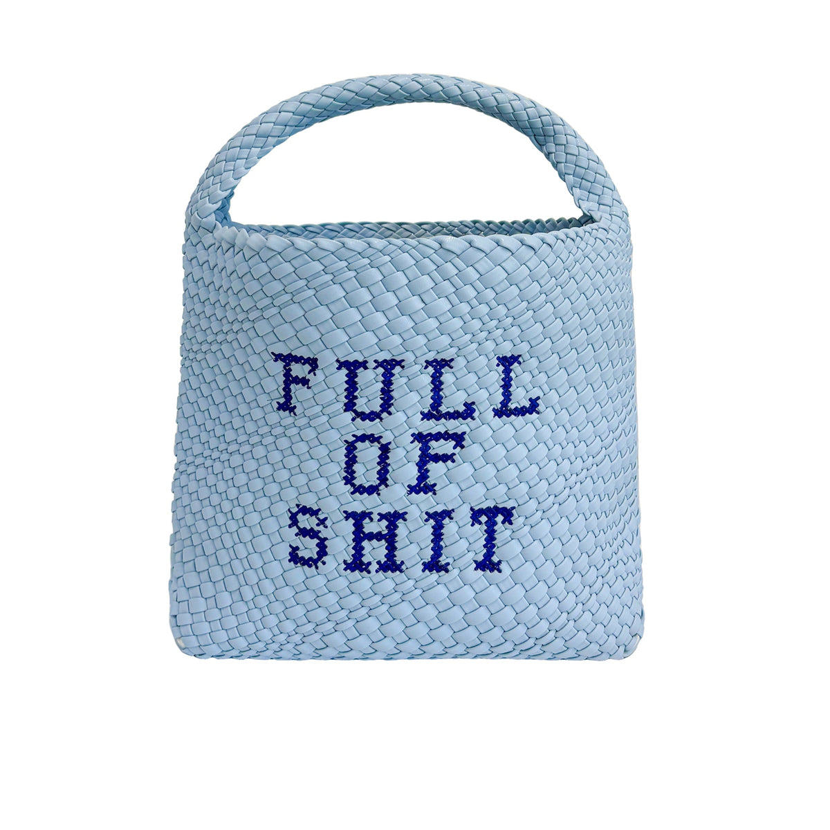Blue embroidered bucket bag by Lilly Loves, stylish bag with intricate embroidery and spacious interior for organization.