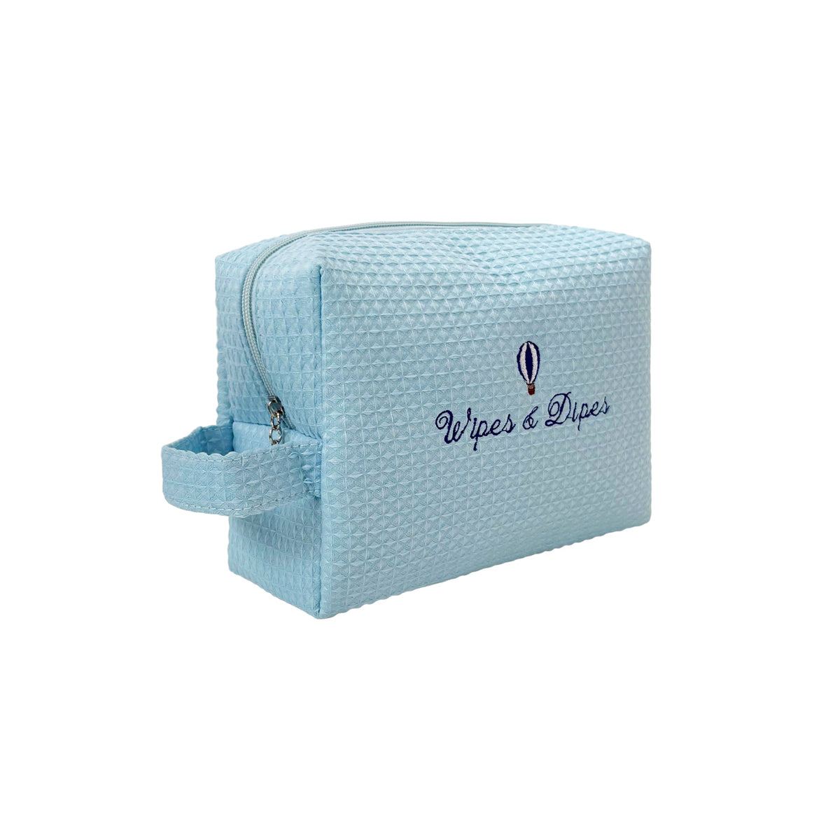 Blue Wipes & Dipes Waffle Bag by Lillyloves, a reusable wash bag with a textured waffle pattern for organizing your essentials.
