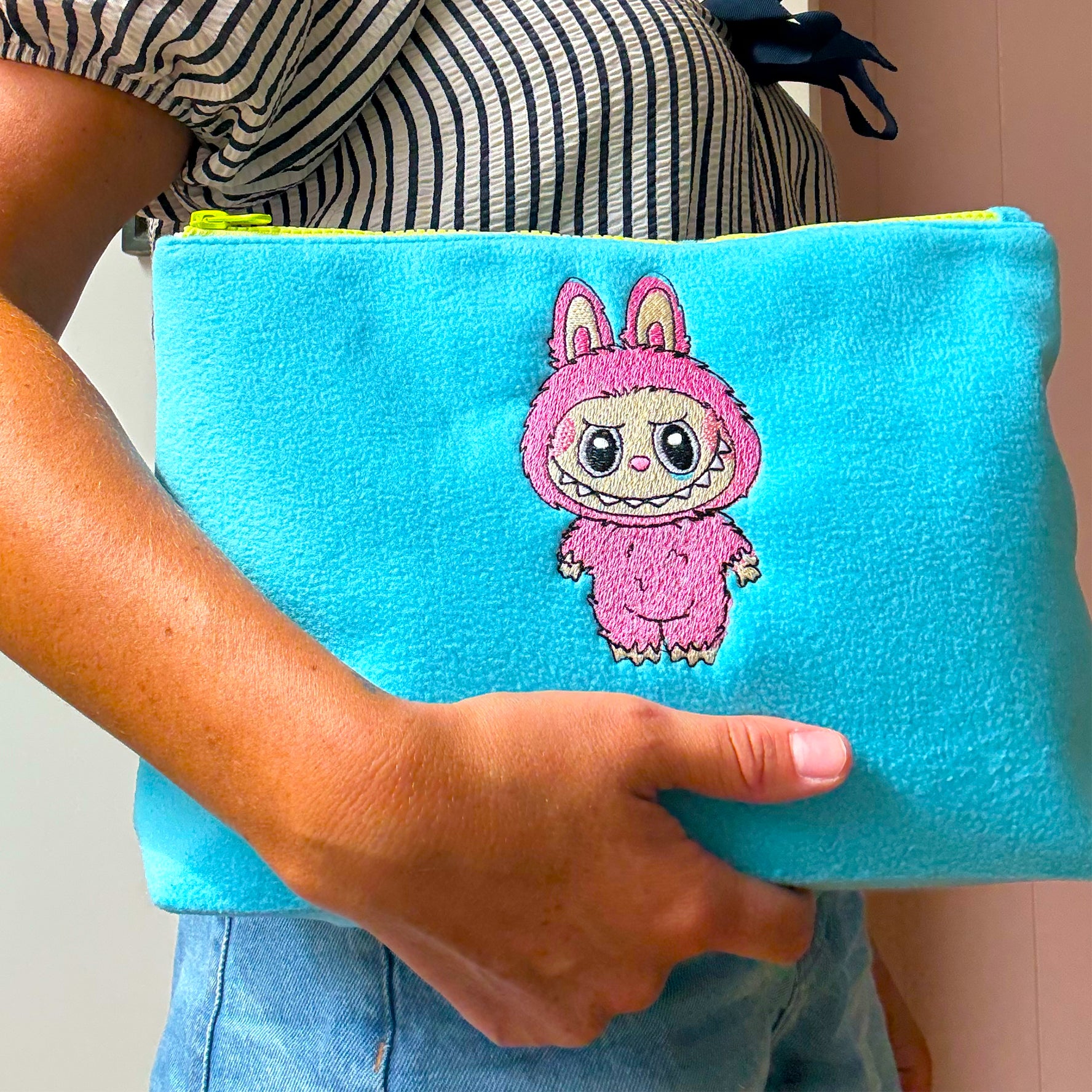 Blue Labubu Embroidered Plush Pouch