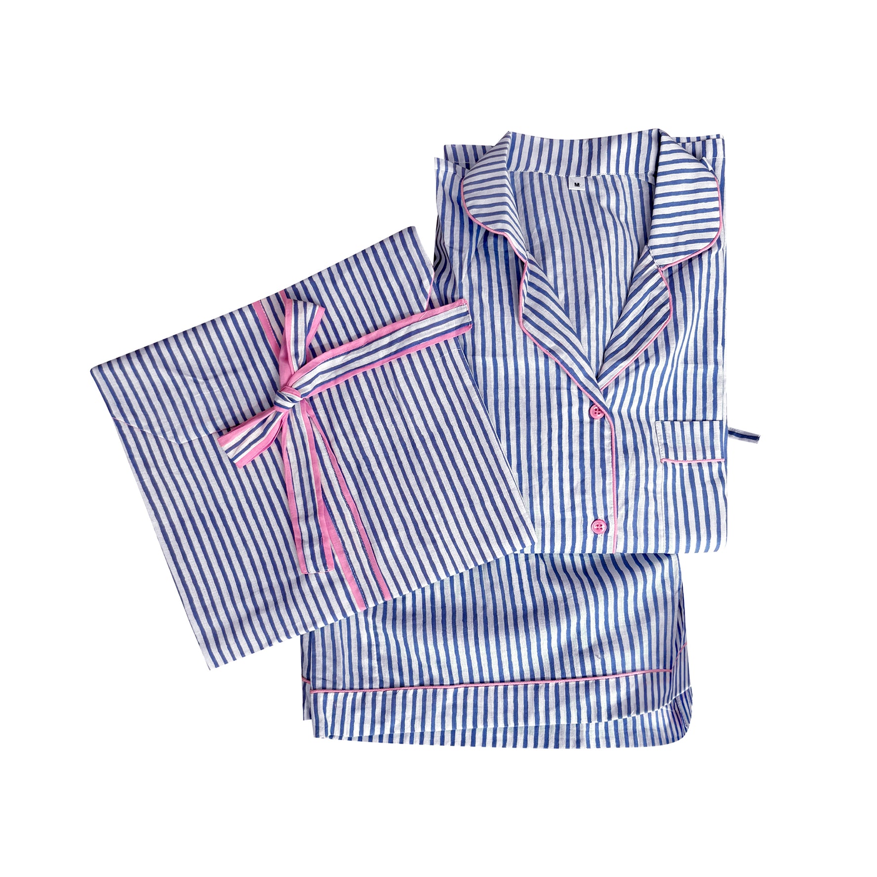 Blue Stripe Embroidered Cotton Stripe Stripe Pyjamas