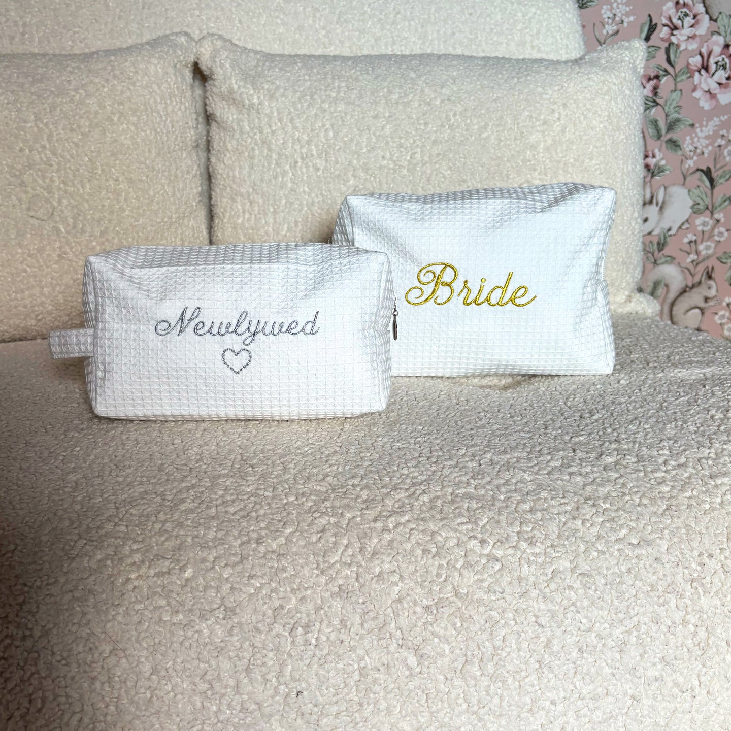 White waffle makeup bag for brides by Lilly Loves, featuring a soft textured fabric and spacious design for cosmetics and accessories.