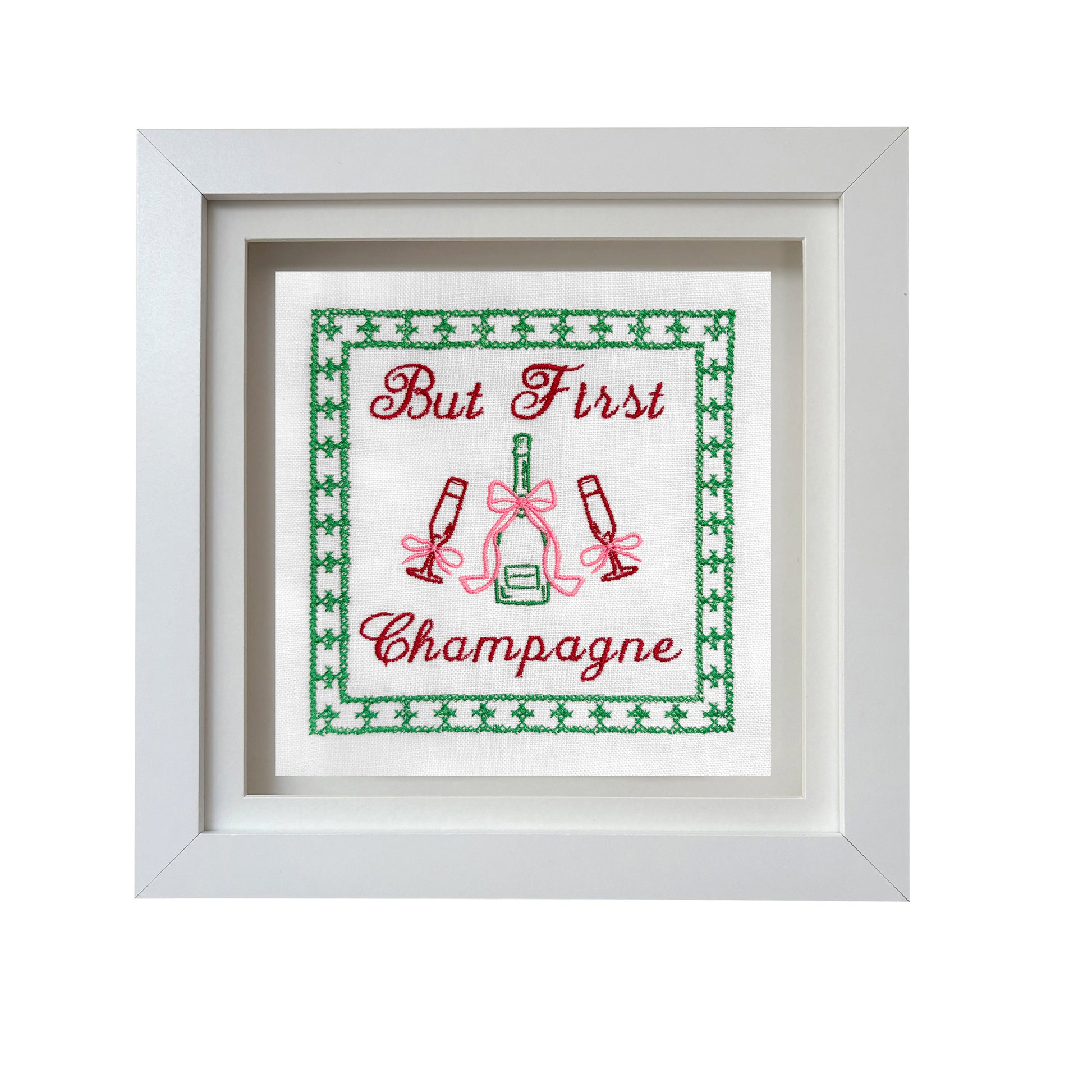 Lillyloves But First Champagne embroidered artwork featuring elegant champagne-themed design on fabric.