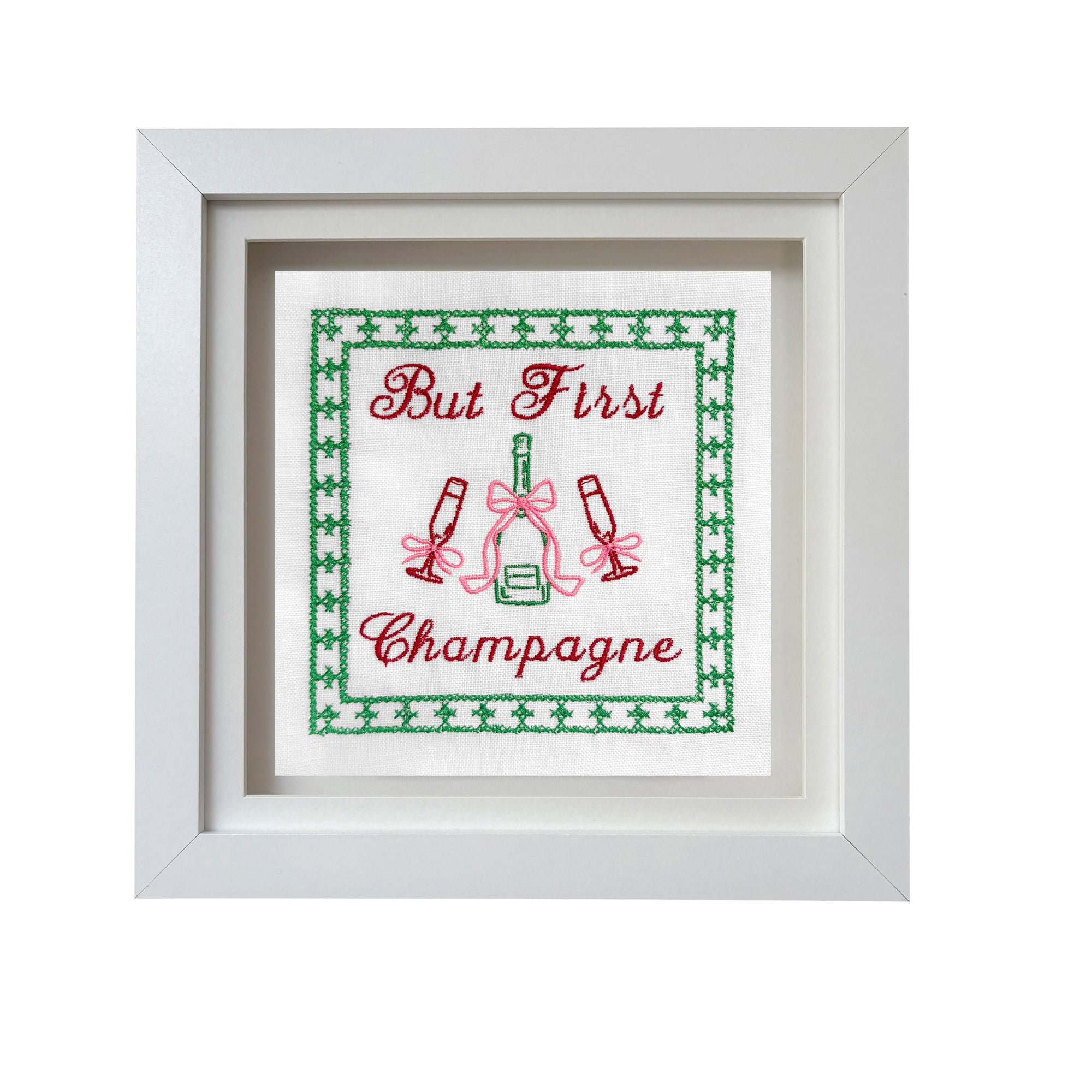 Lillyloves But First Champagne embroidered artwork featuring elegant champagne-themed design on fabric.
